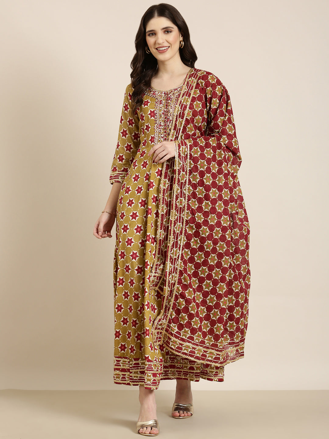 Women Khaki Geometrical Anarkali Kurta