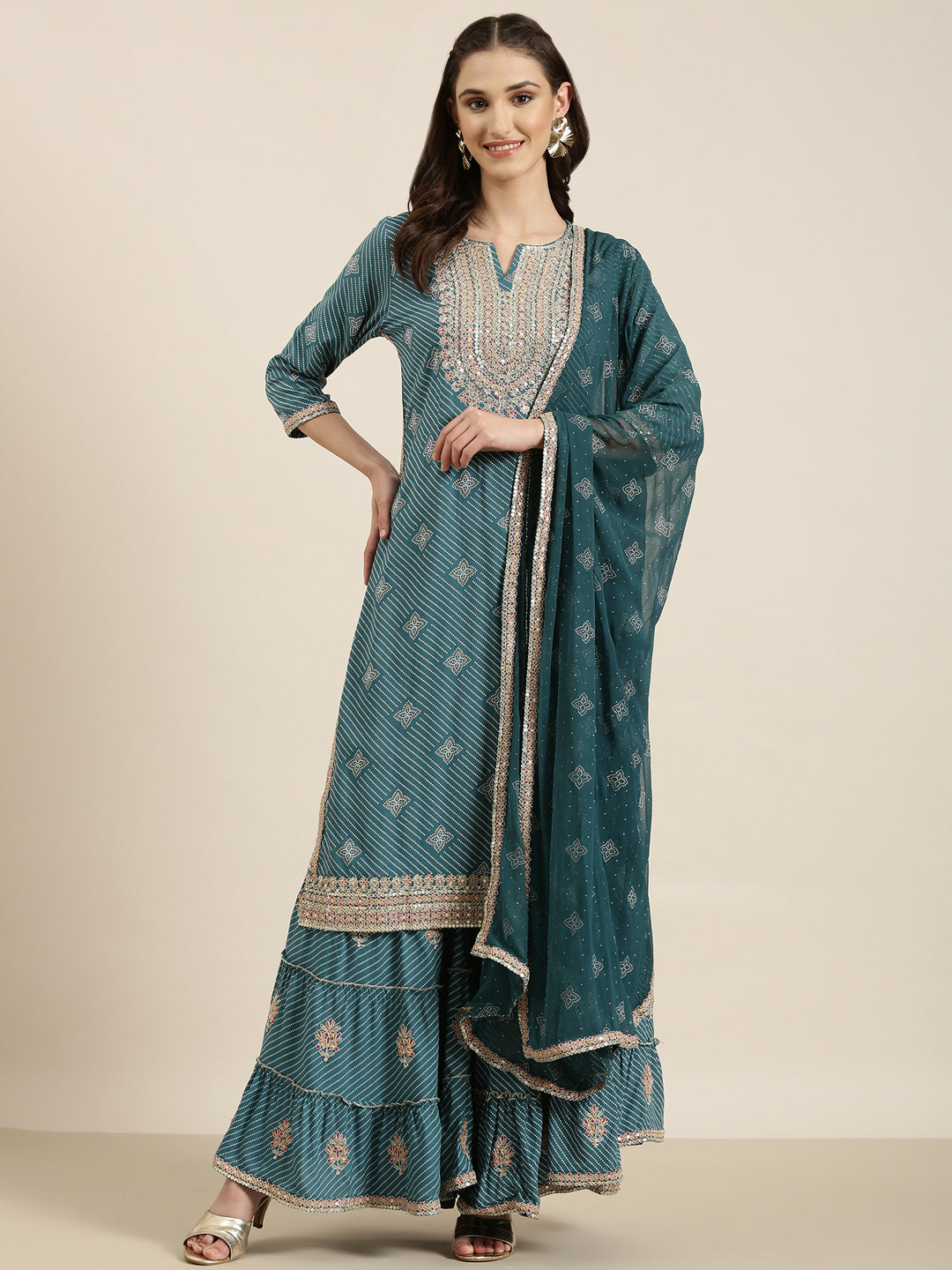 Women Teal Printed Kurta Set