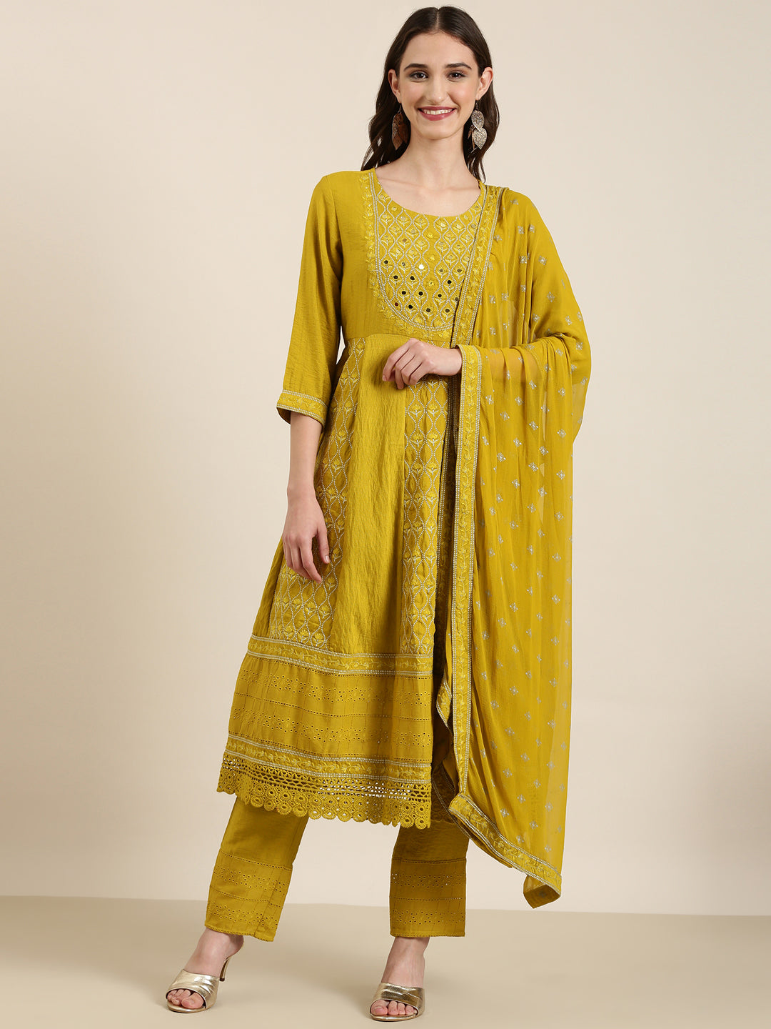 Women Lime Green Floral Kurta Set