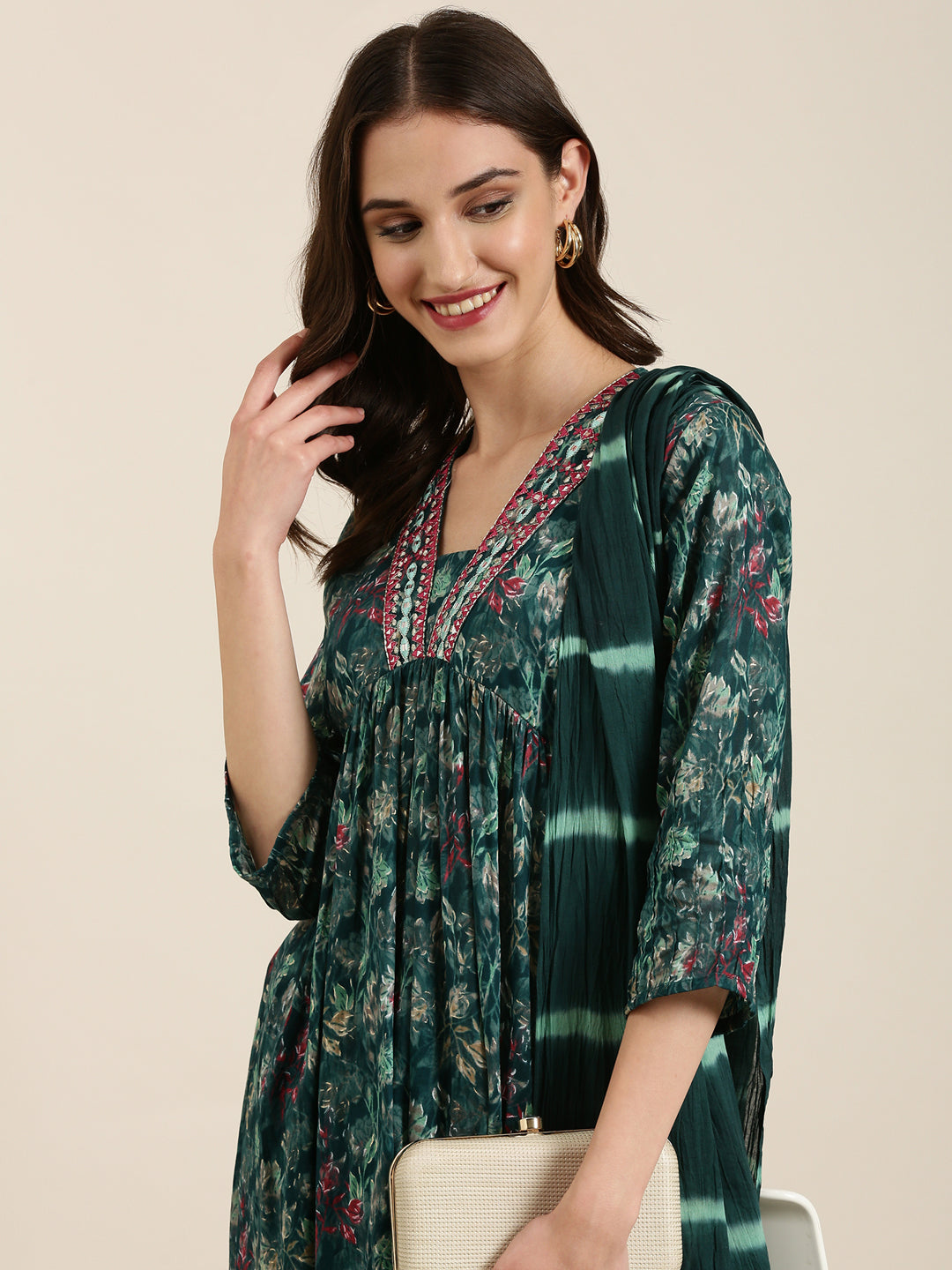 Women Teal Floral Kurta Set