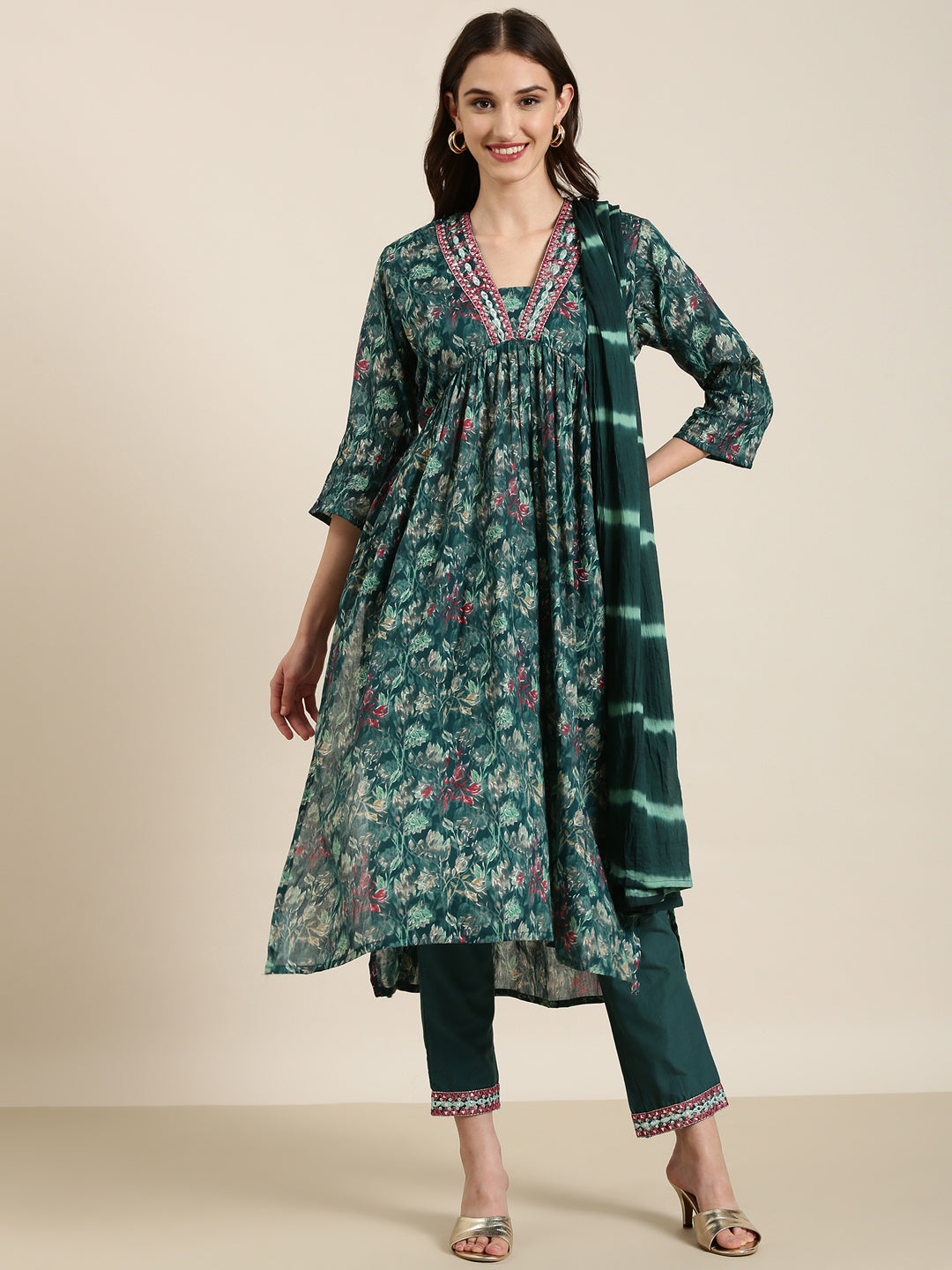 Women Teal Floral Kurta Set