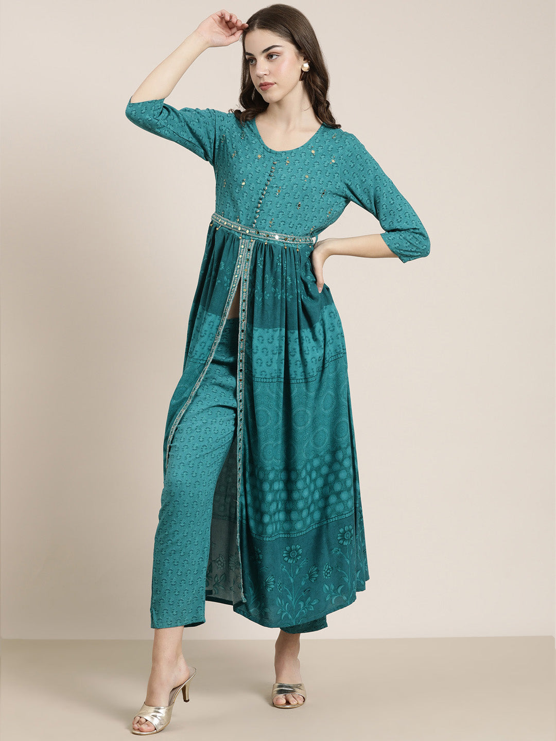 Women Teal Floral Kurta Set