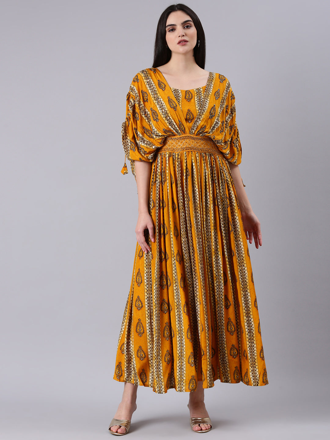 Women Mustard Printed Fit and Flare Dress