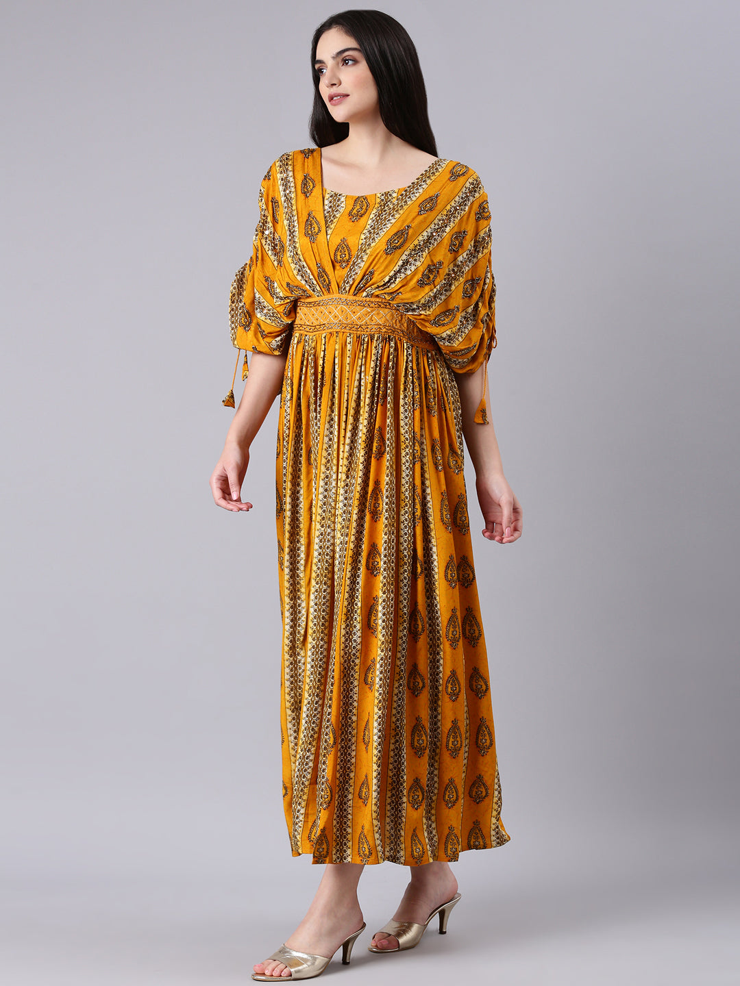 Women Mustard Printed Fit and Flare Dress