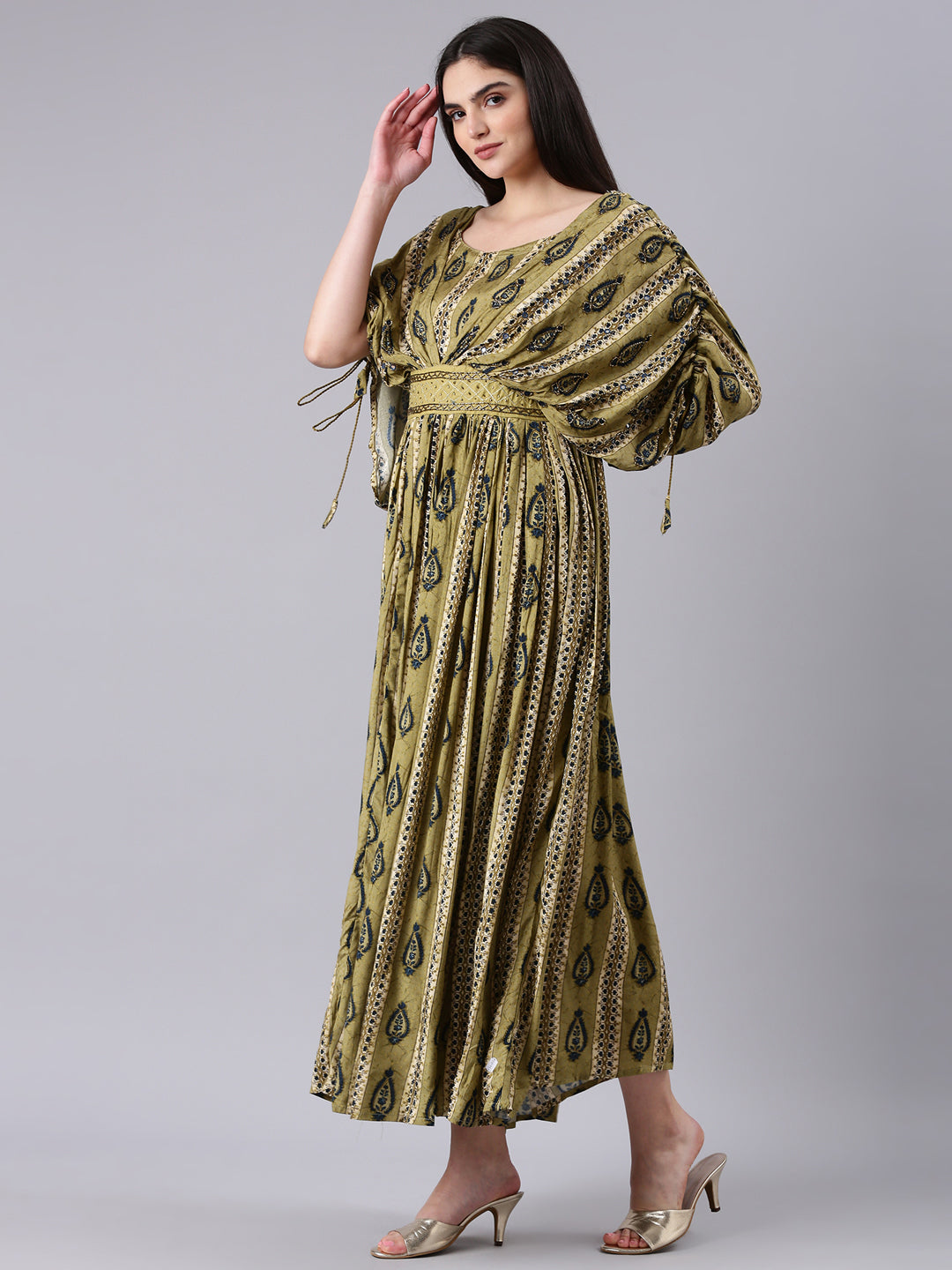 Women Olive Printed Fit and Flare Dress
