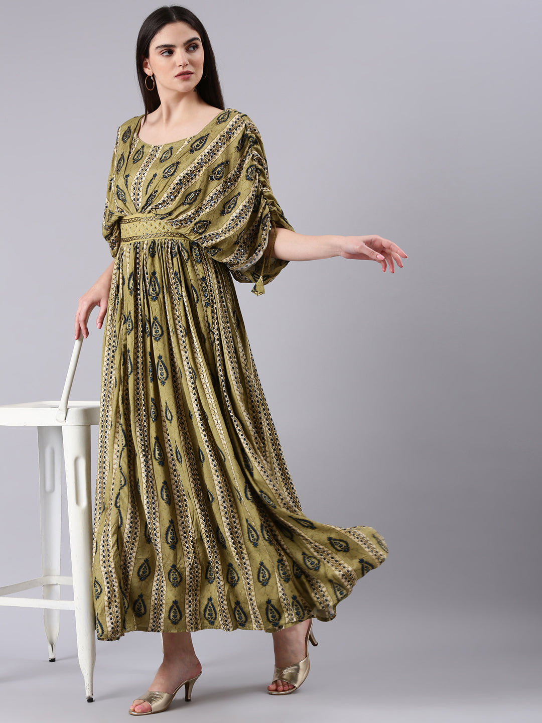 Women Olive Printed Fit and Flare Dress
