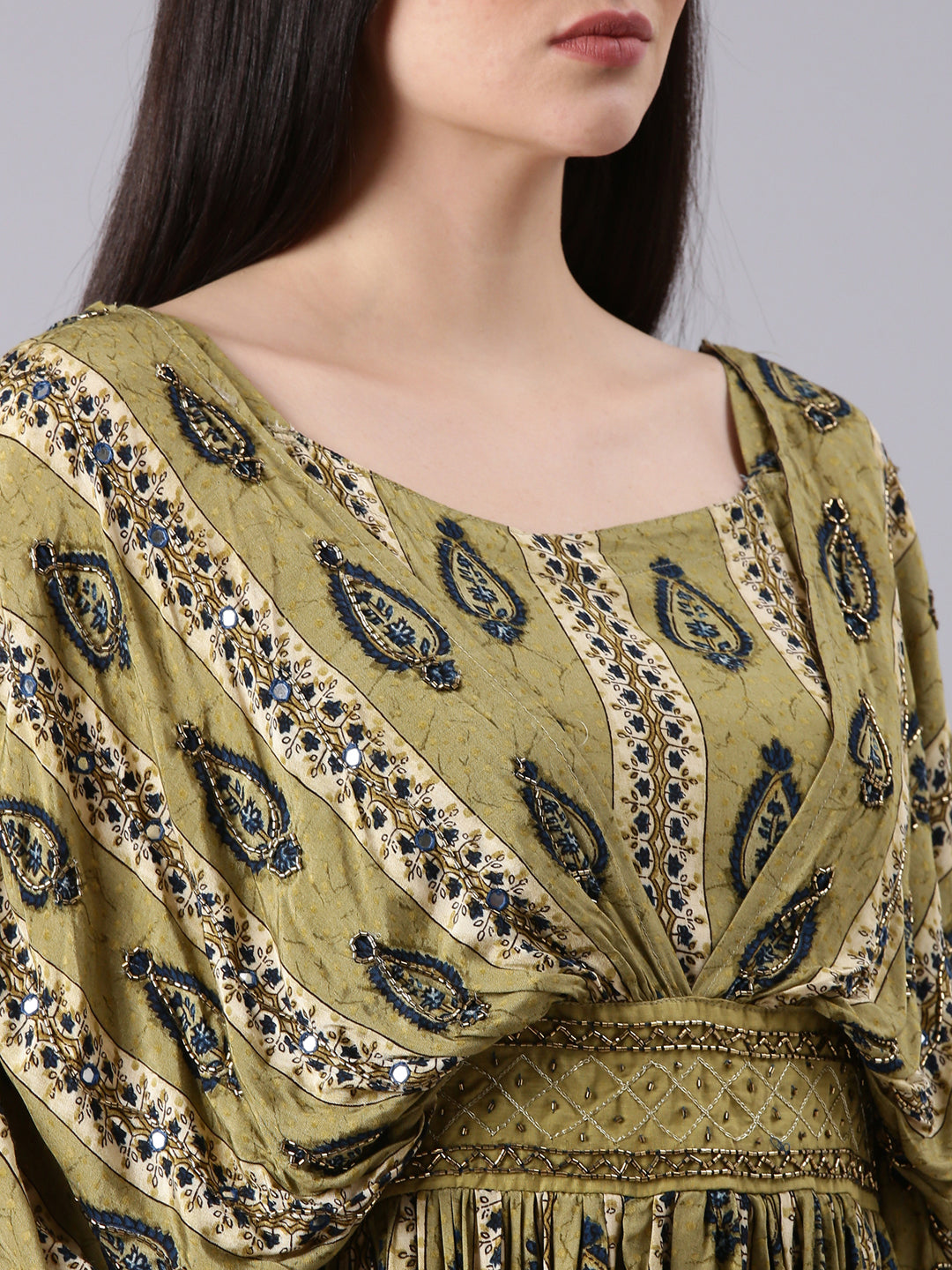 Women Olive Printed Fit and Flare Dress