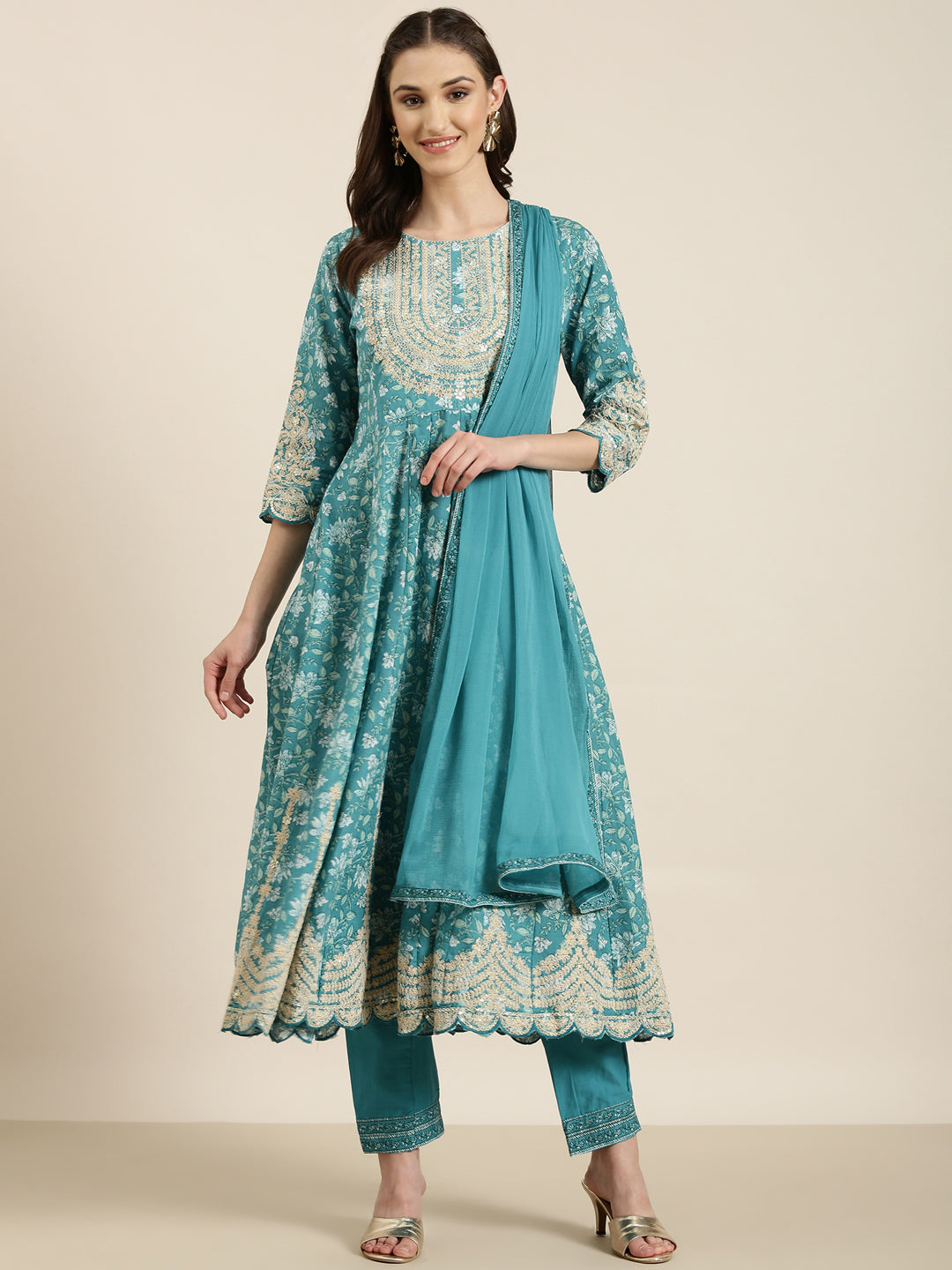 Women Turquoise Blue Floral Kurta Set