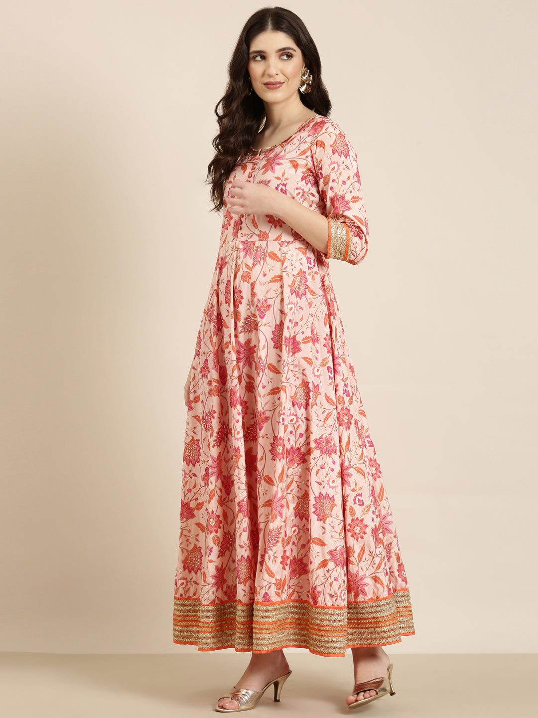 Women Peach Floral Anarkali Kurta