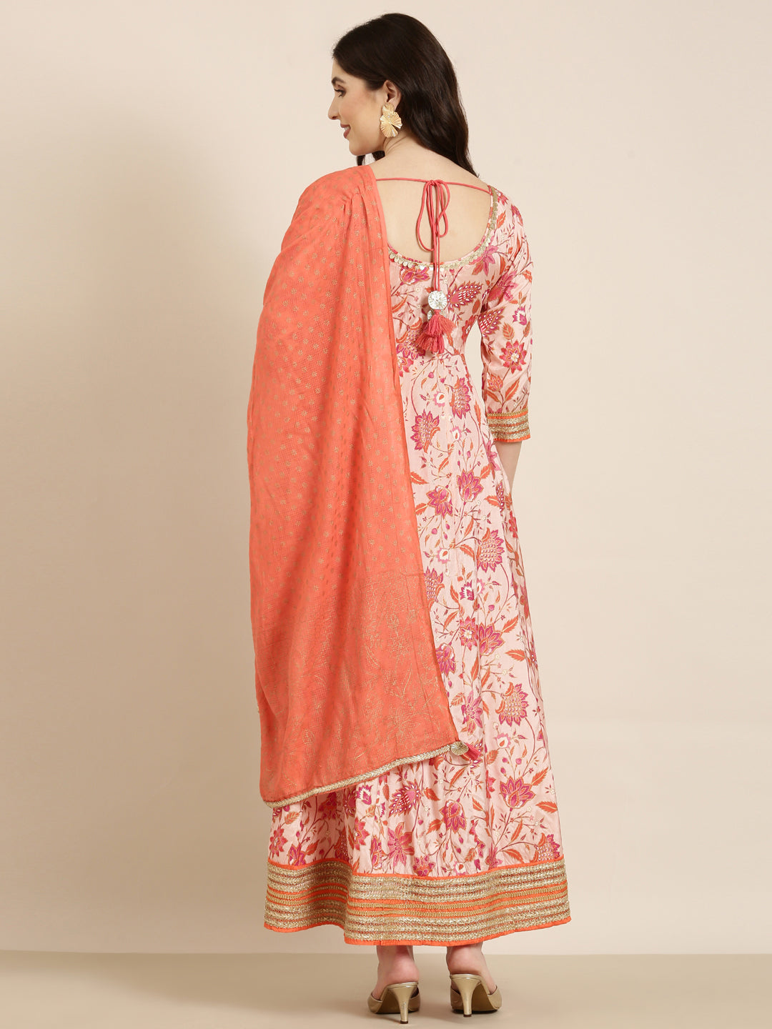 Women Peach Floral Anarkali Kurta