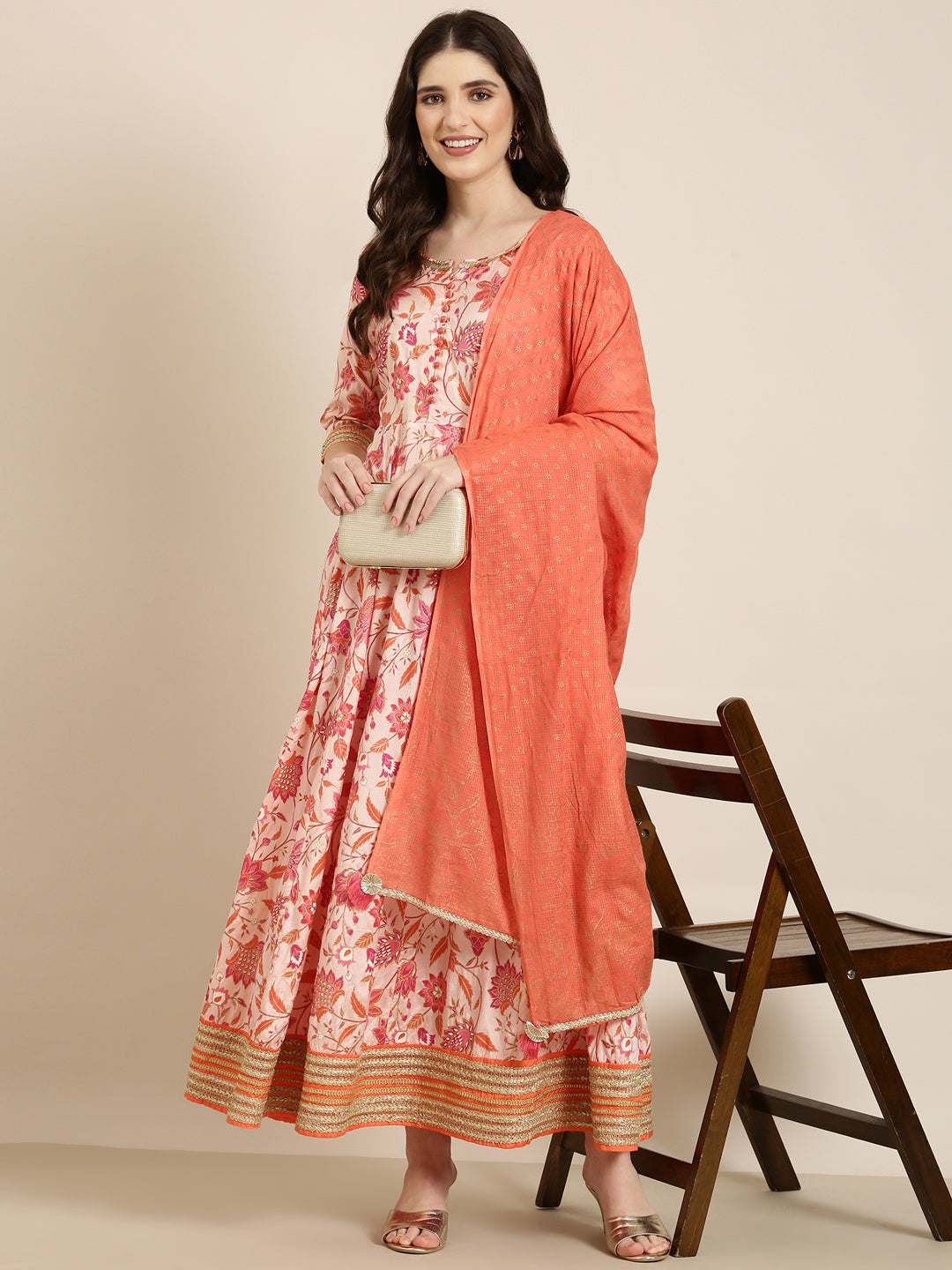 Women Peach Floral Anarkali Kurta