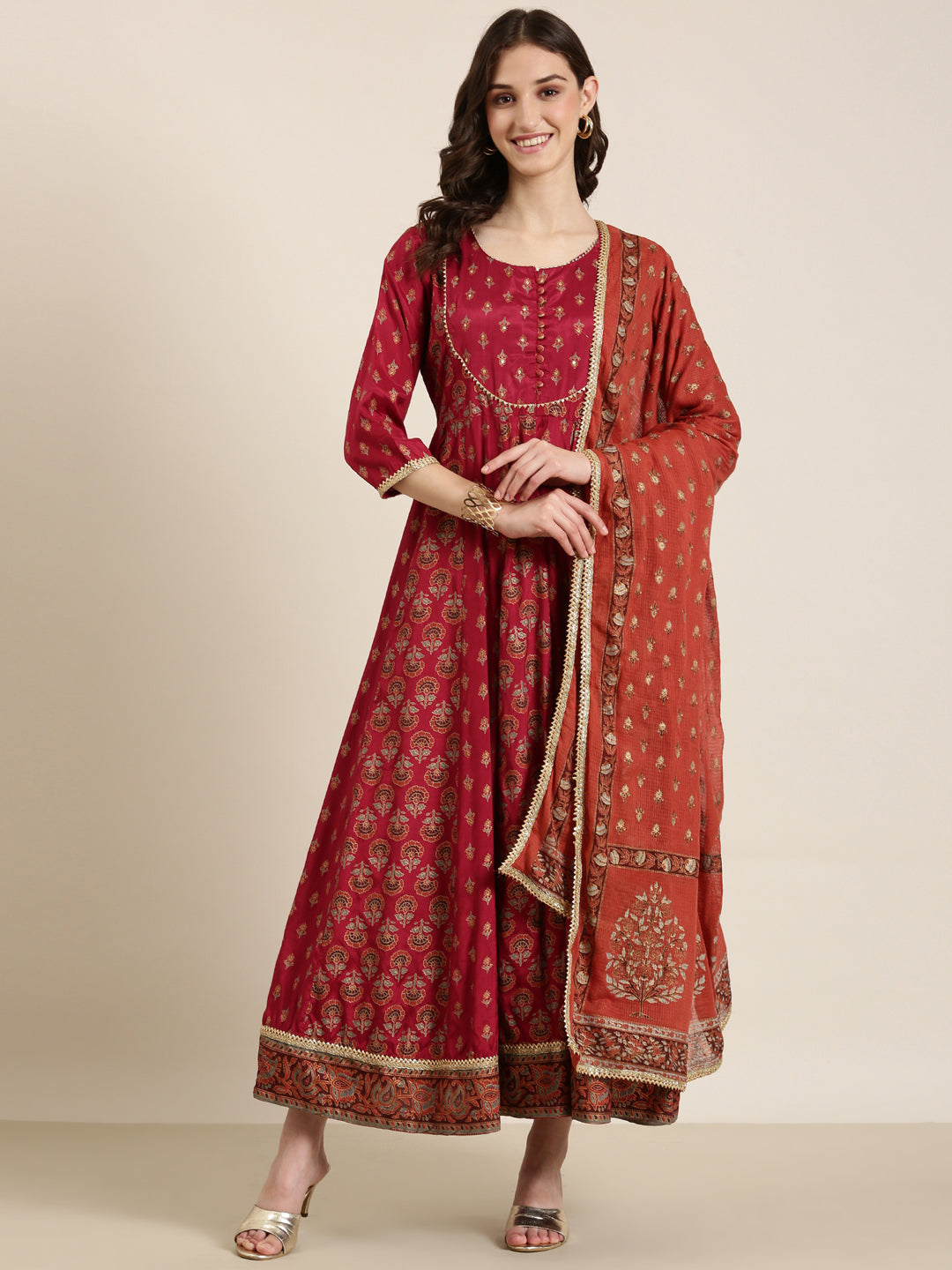 Women Maroon Floral Anarkali Kurta