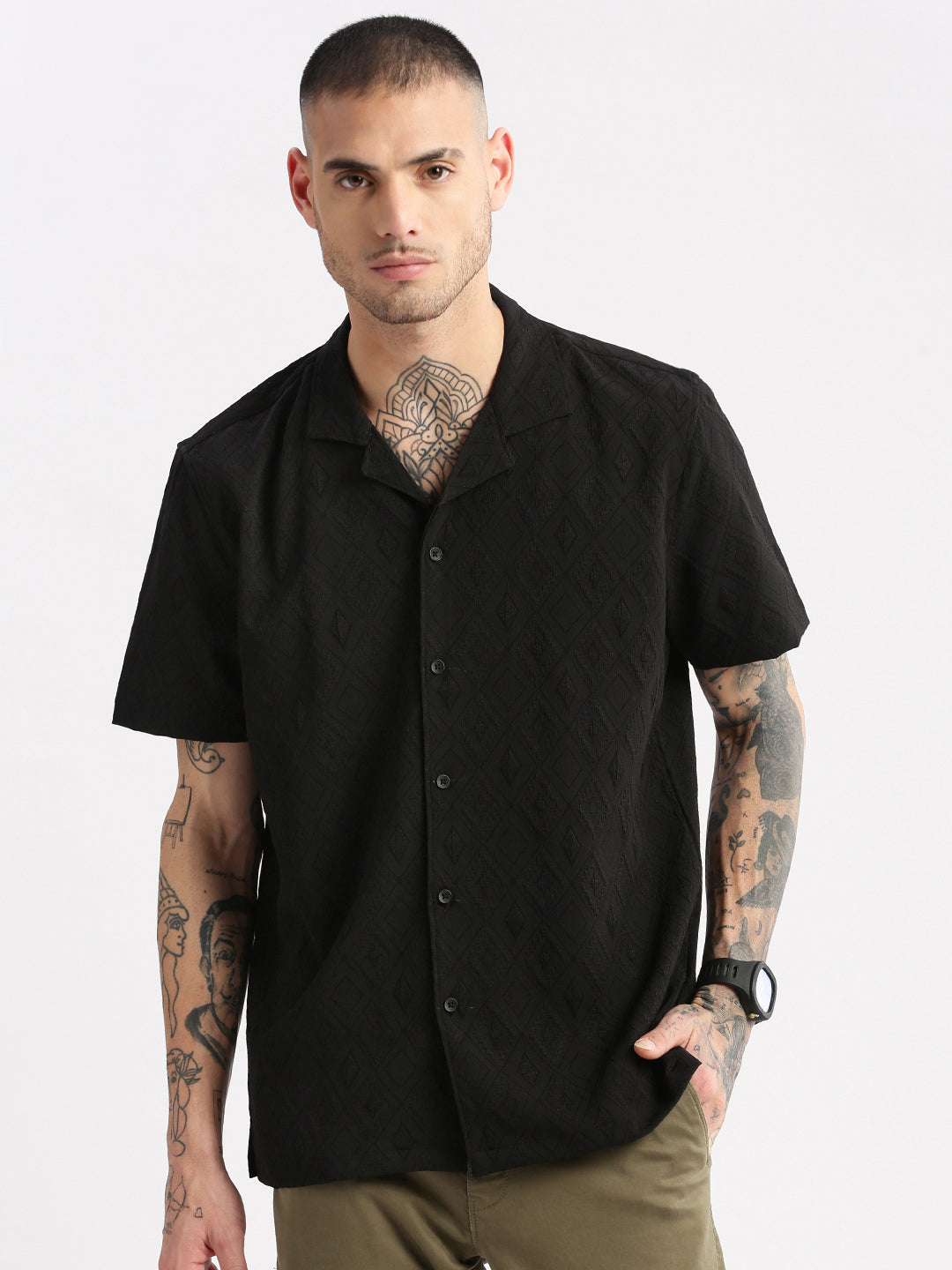 Men Cuban Collar  Solid Black Casual Shirt