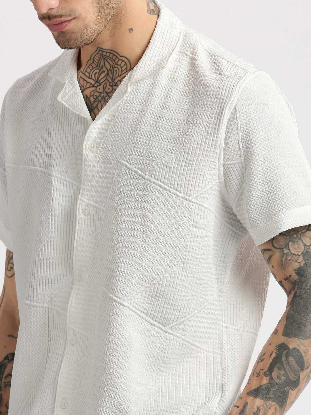 Men Cuban Collar  Solid White Casual Shirt