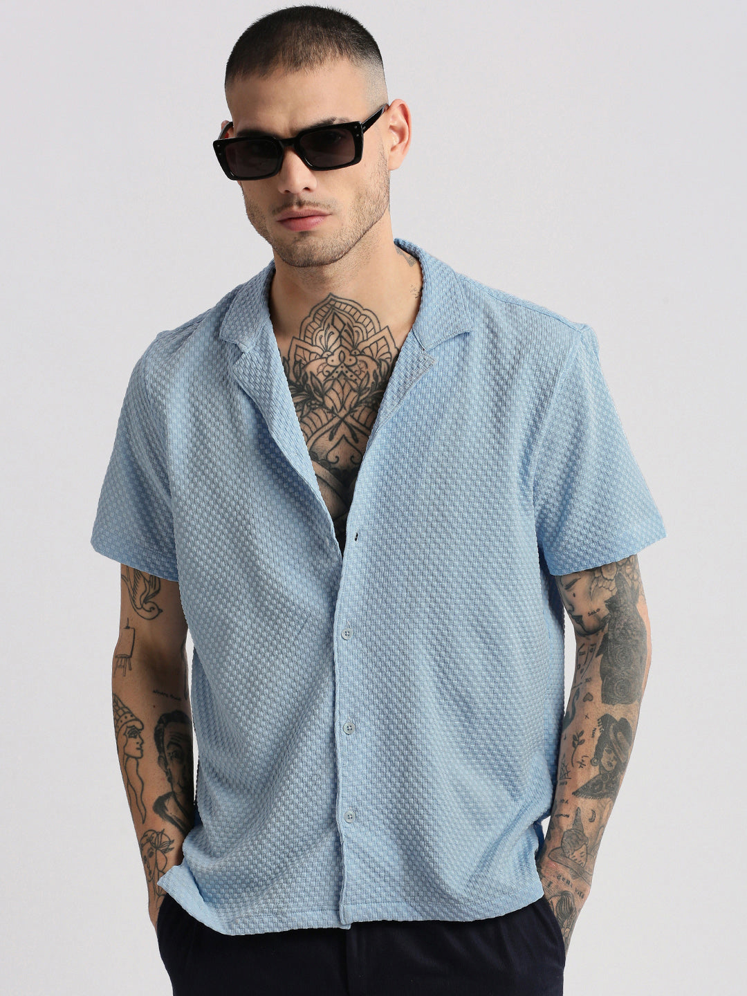 Men Cuban Collar  Solid Blue Casual Shirt