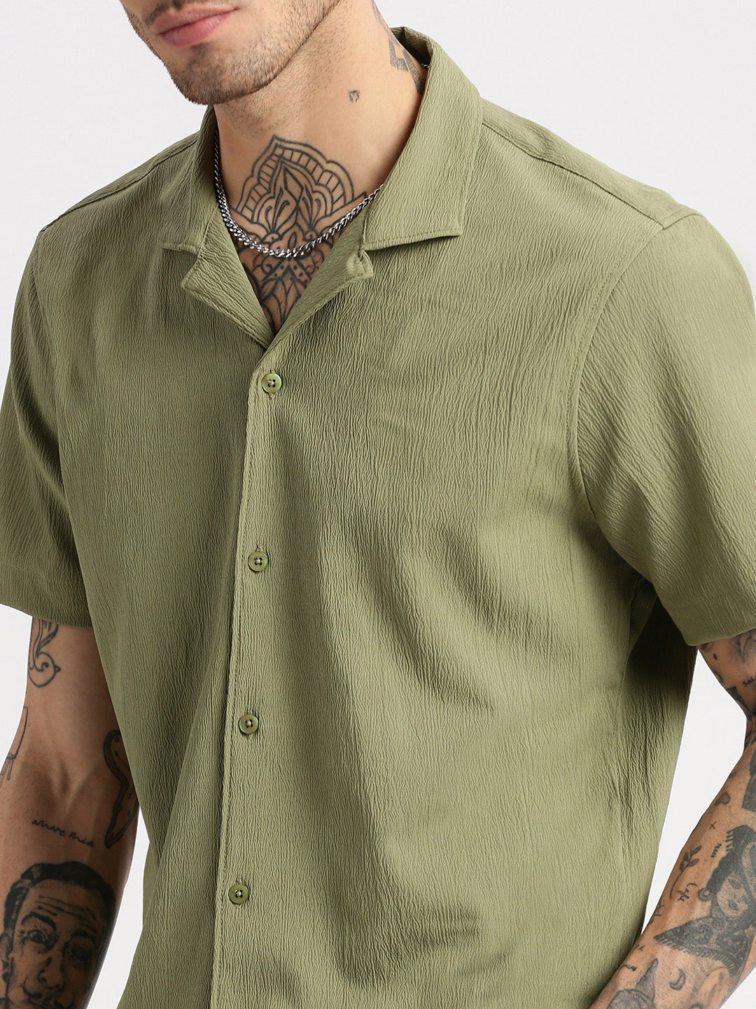 Men Cuban Collar  Solid Green Casual Shirt