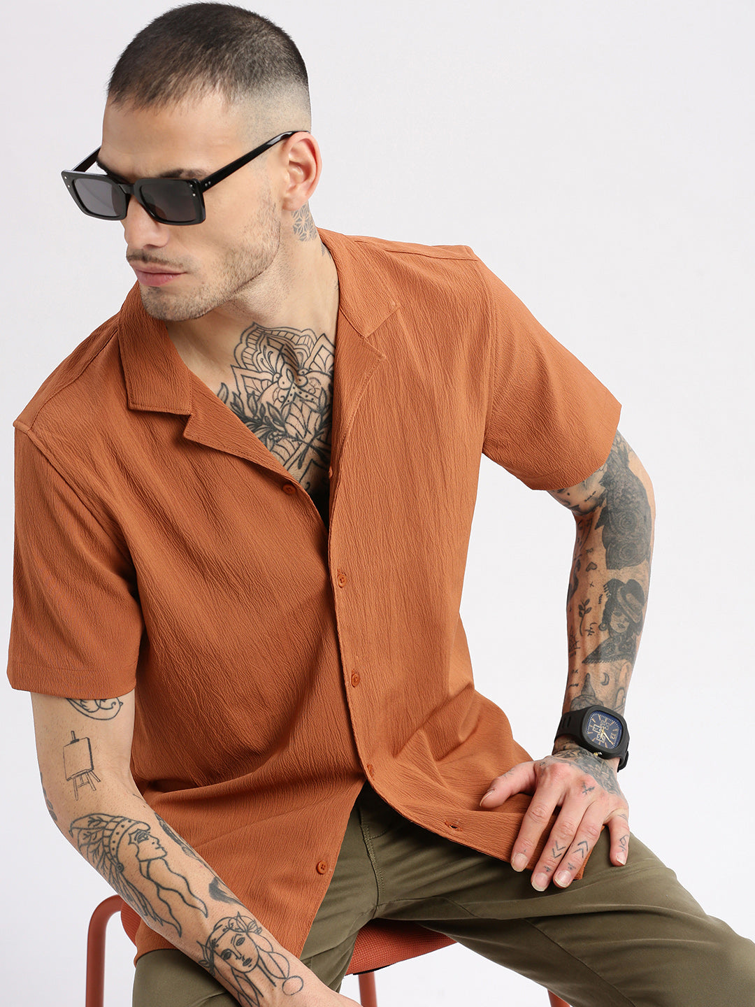 Men Cuban Collar  Solid Rust Casual Shirt