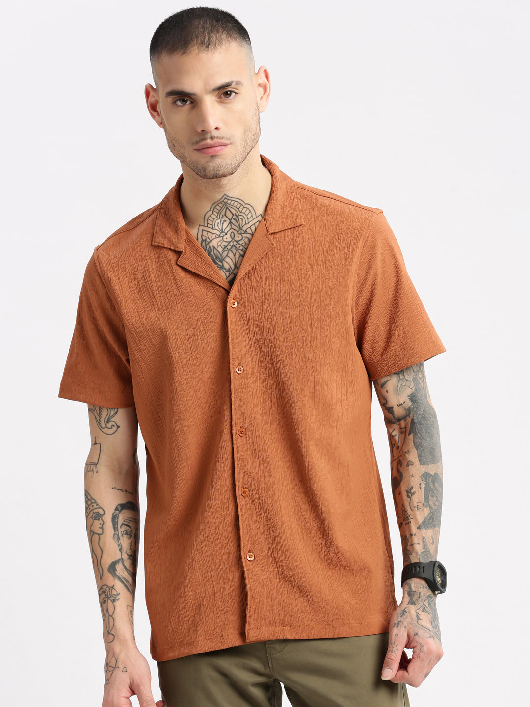 Men Cuban Collar  Solid Rust Casual Shirt