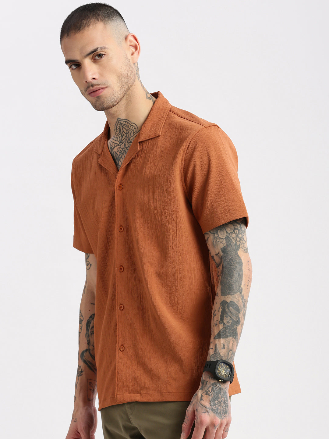 Men Cuban Collar  Solid Rust Casual Shirt