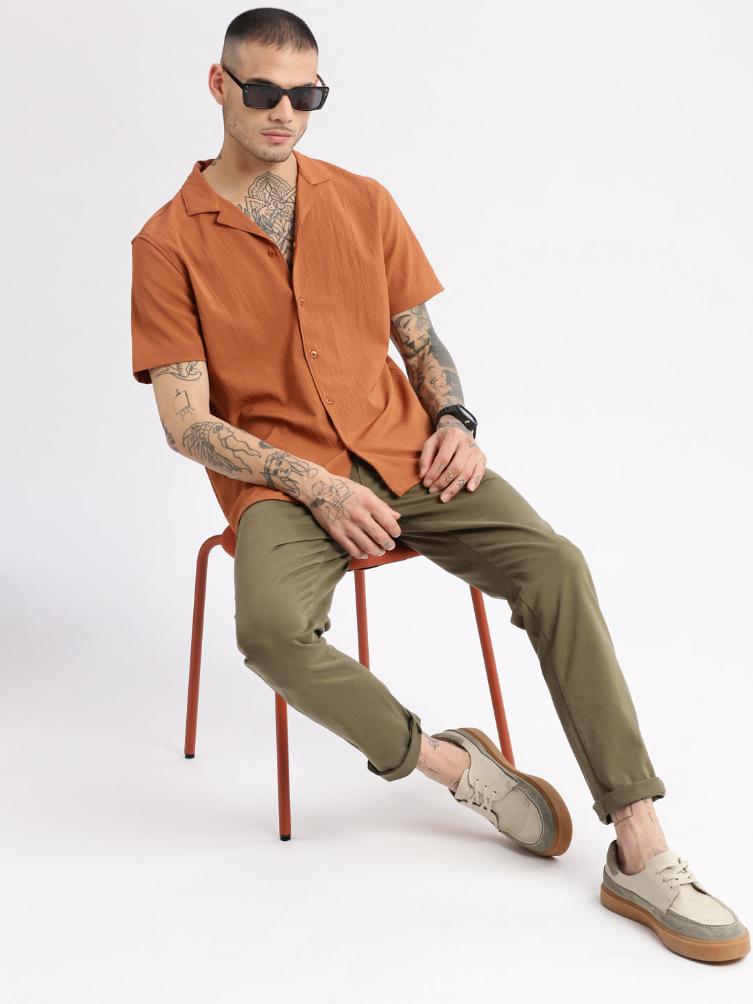 Men Cuban Collar  Solid Rust Casual Shirt