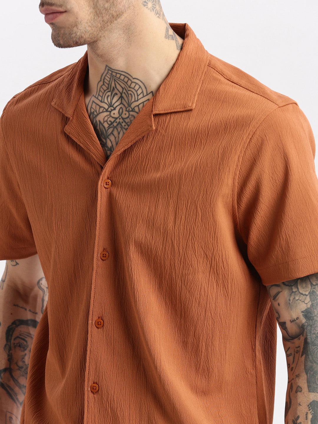 Men Cuban Collar  Solid Rust Casual Shirt