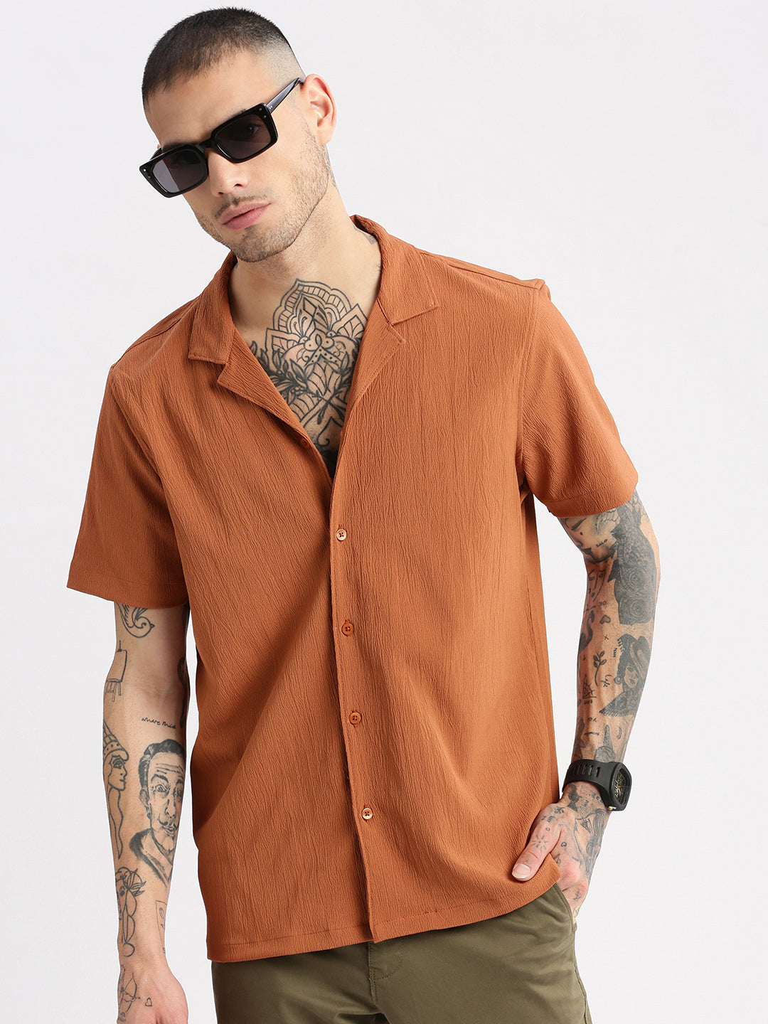 Men Cuban Collar  Solid Rust Casual Shirt