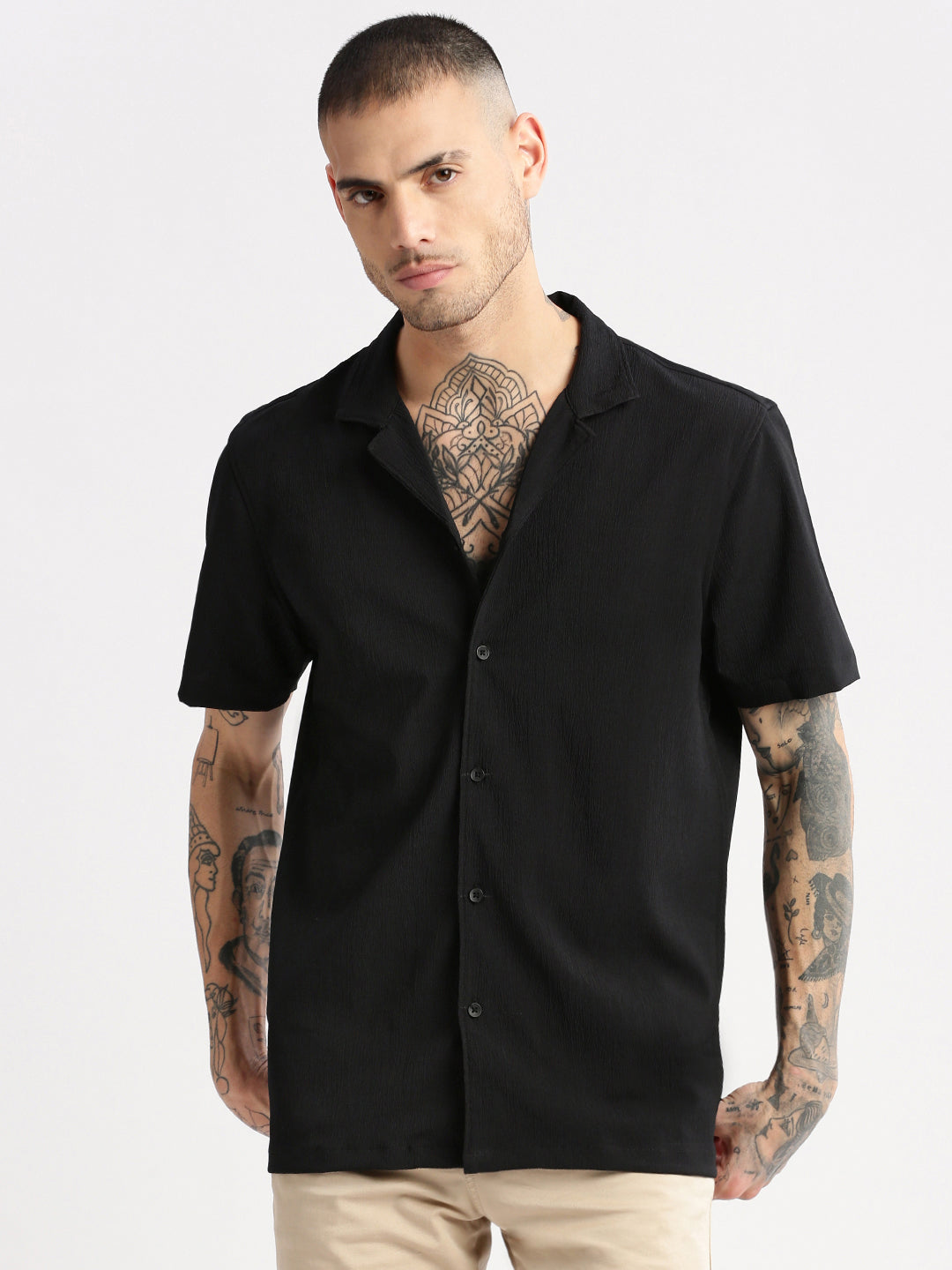 Men Cuban Collar  Solid Black Casual Shirt