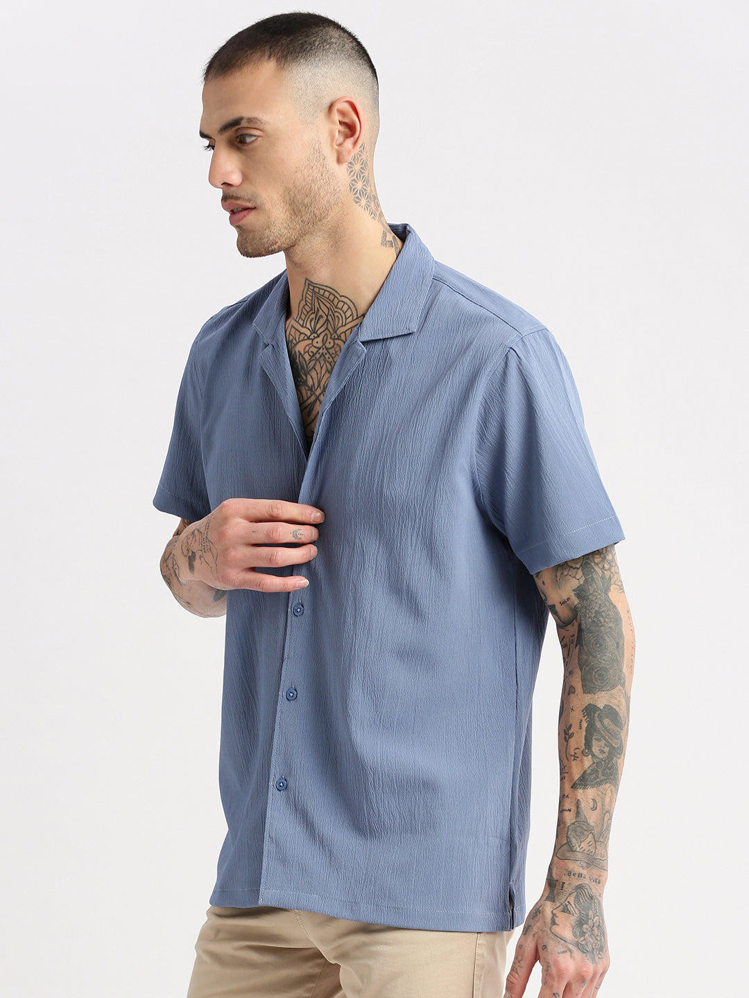 Men Cuban Collar  Solid Blue Casual Shirt