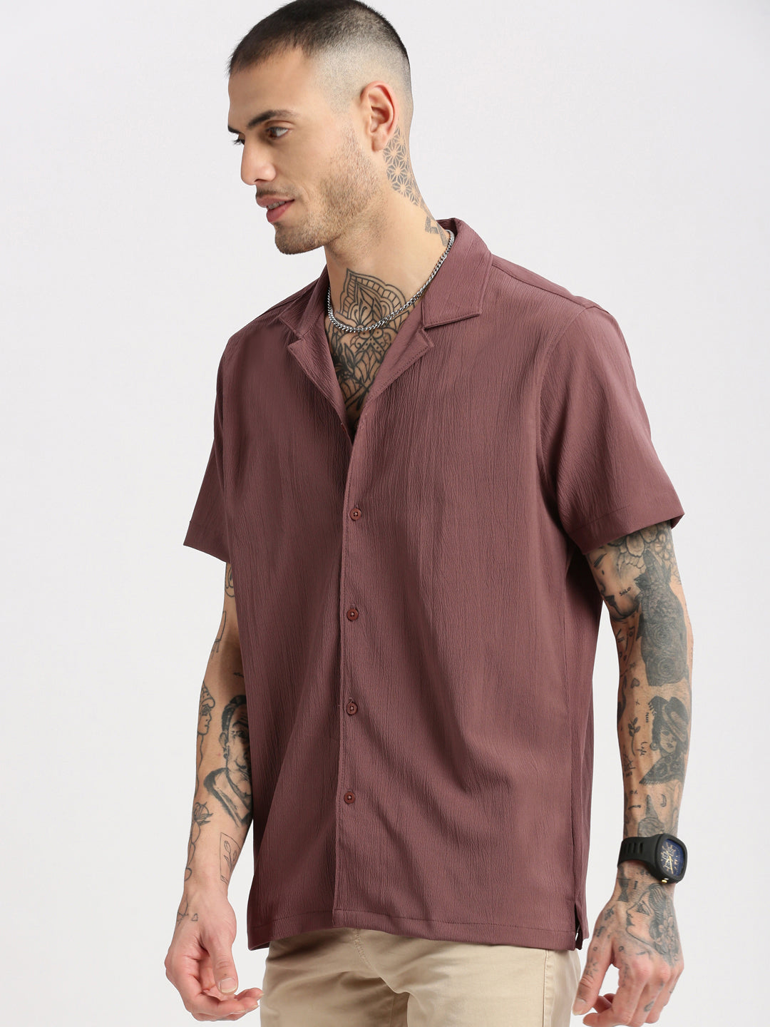 Men Cuban Collar  Solid Lavender Casual Shirt