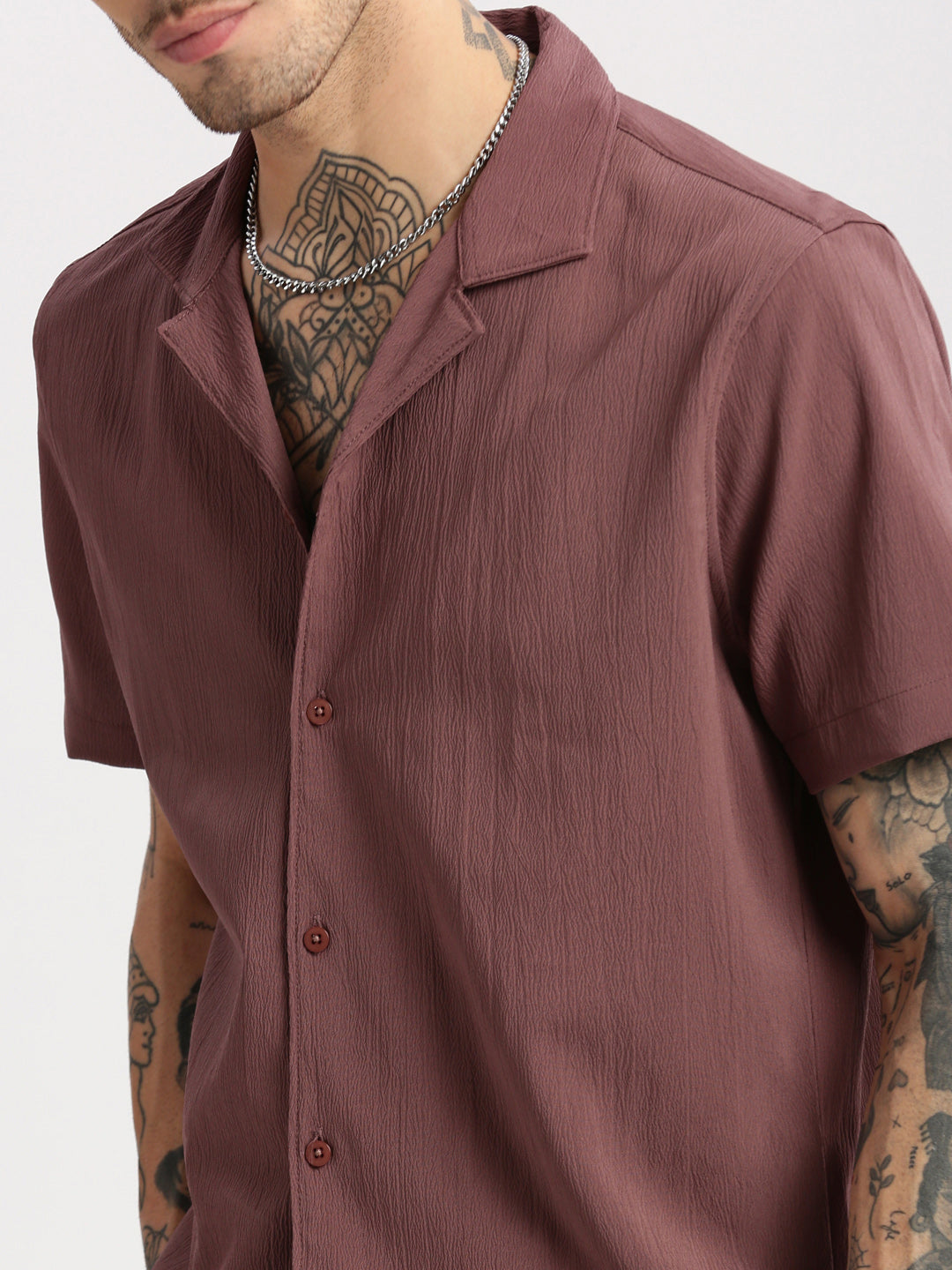 Men Cuban Collar  Solid Lavender Casual Shirt