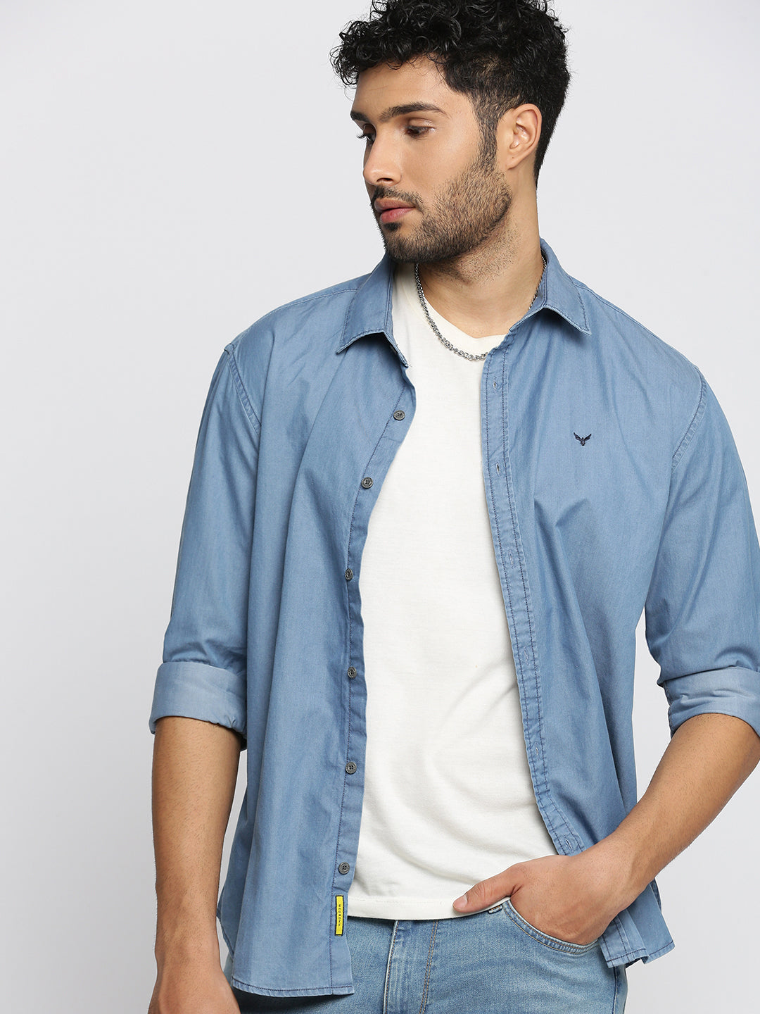 Men Blue Spread Collar Solid Oversized Shirt