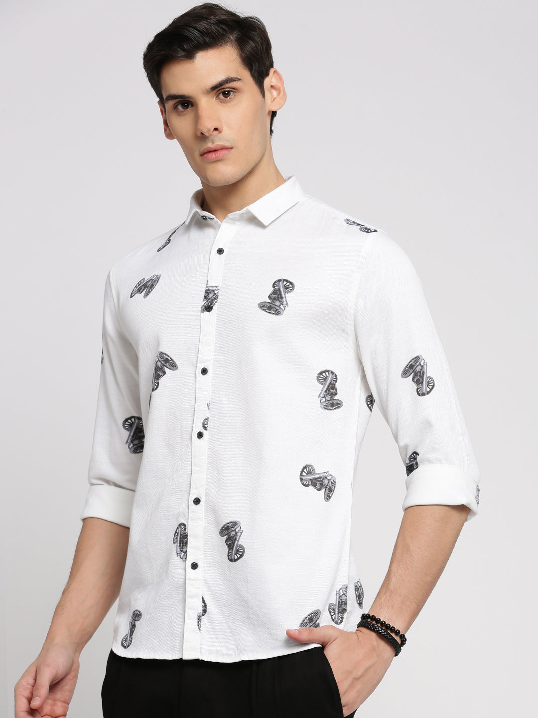 Men White Spread Collar Graphic Shirt