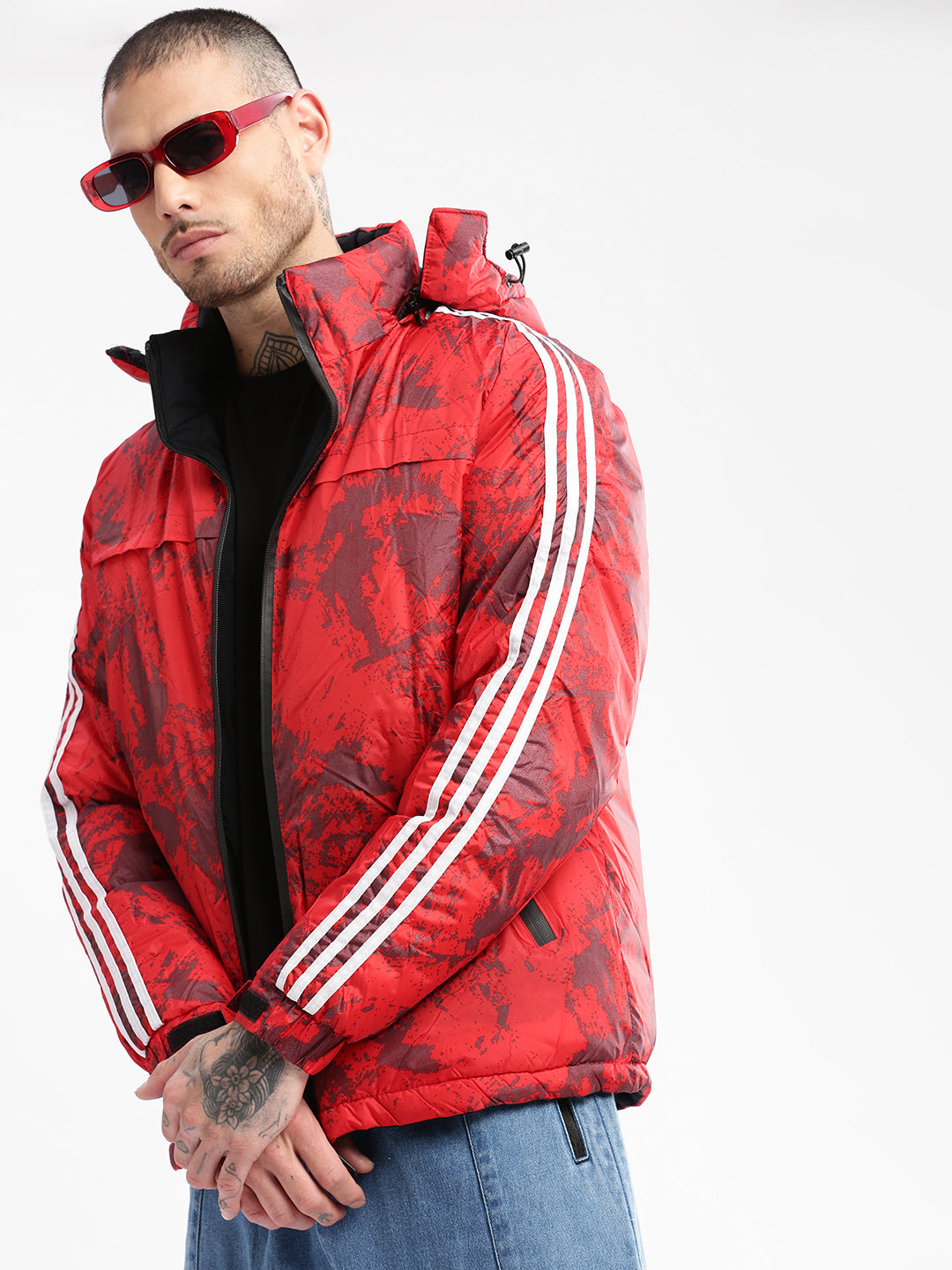 Men Hooded Red Abstract Puffer Oversized and Reversible Jacket comes with Detachable Hoodie