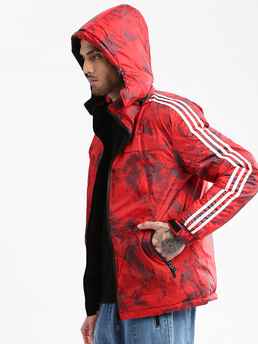 Men Hooded Red Abstract Puffer Oversized and Reversible Jacket comes with Detachable Hoodie