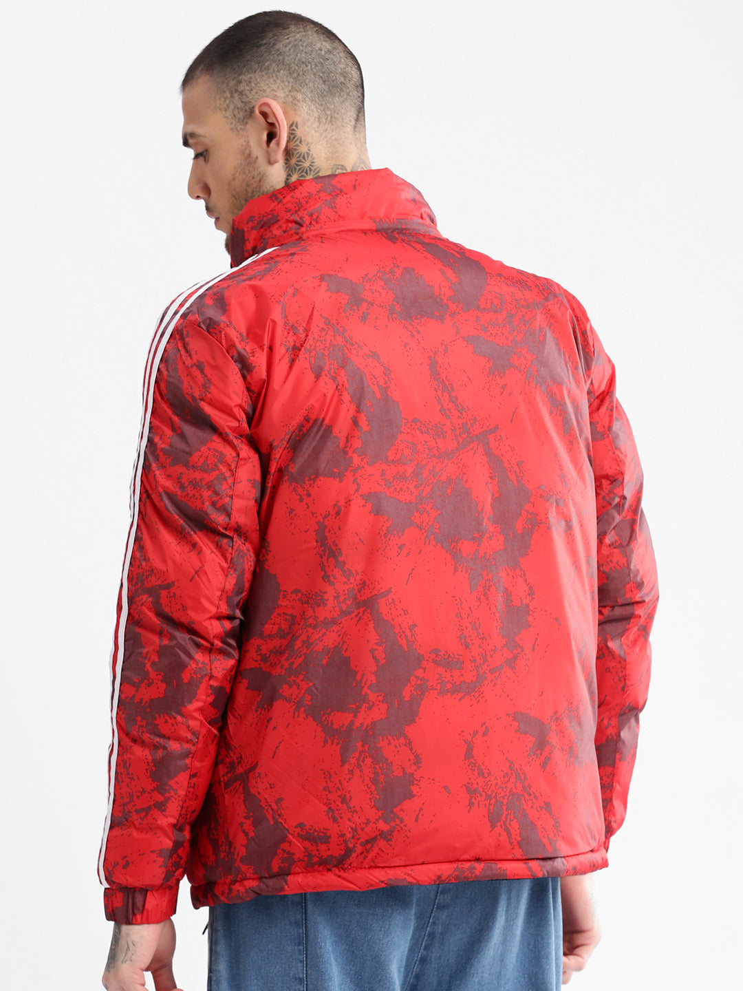 Men Hooded Red Abstract Puffer Oversized and Reversible Jacket comes with Detachable Hoodie