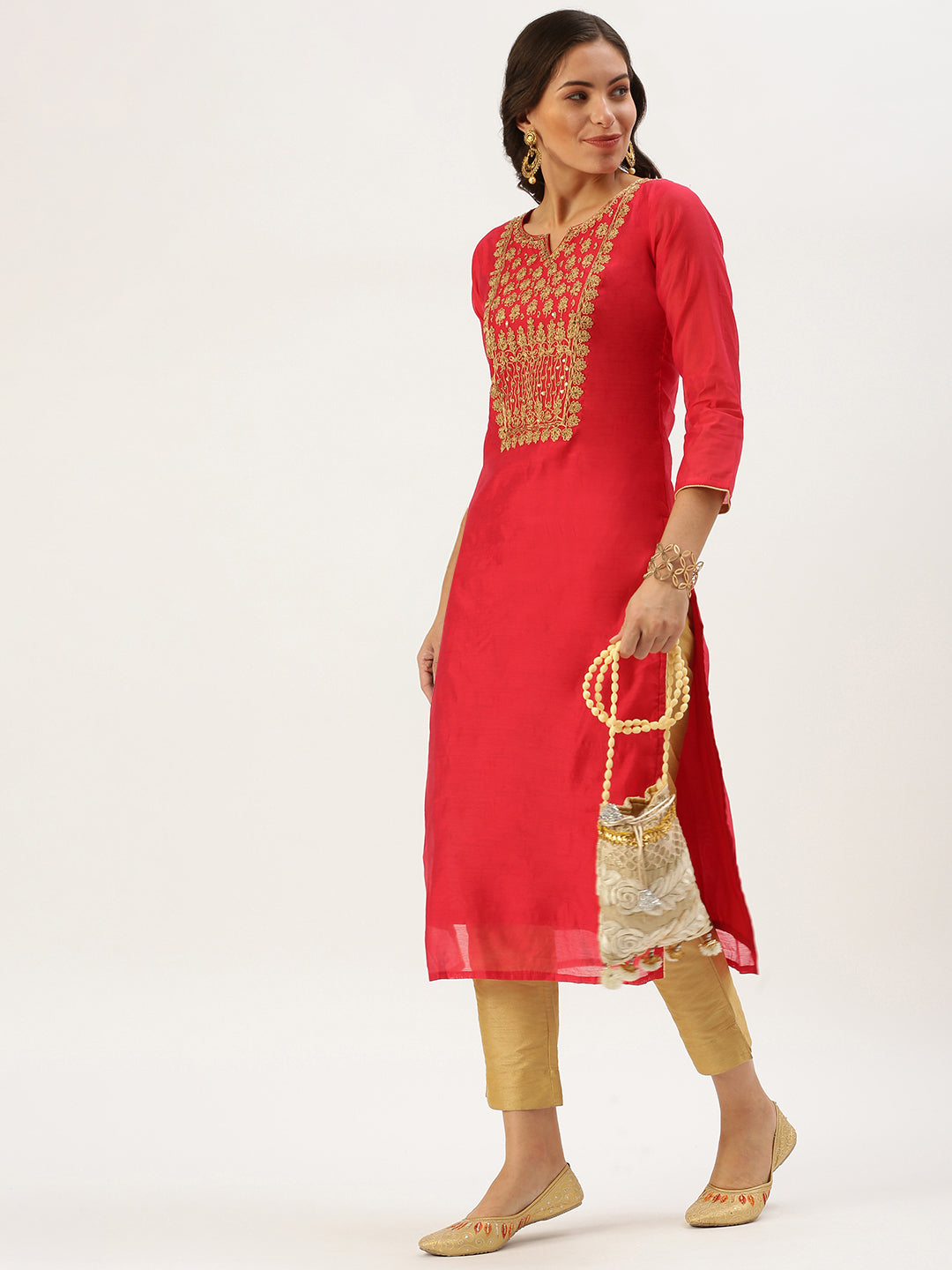Women's Red Embellished Straight Kurta