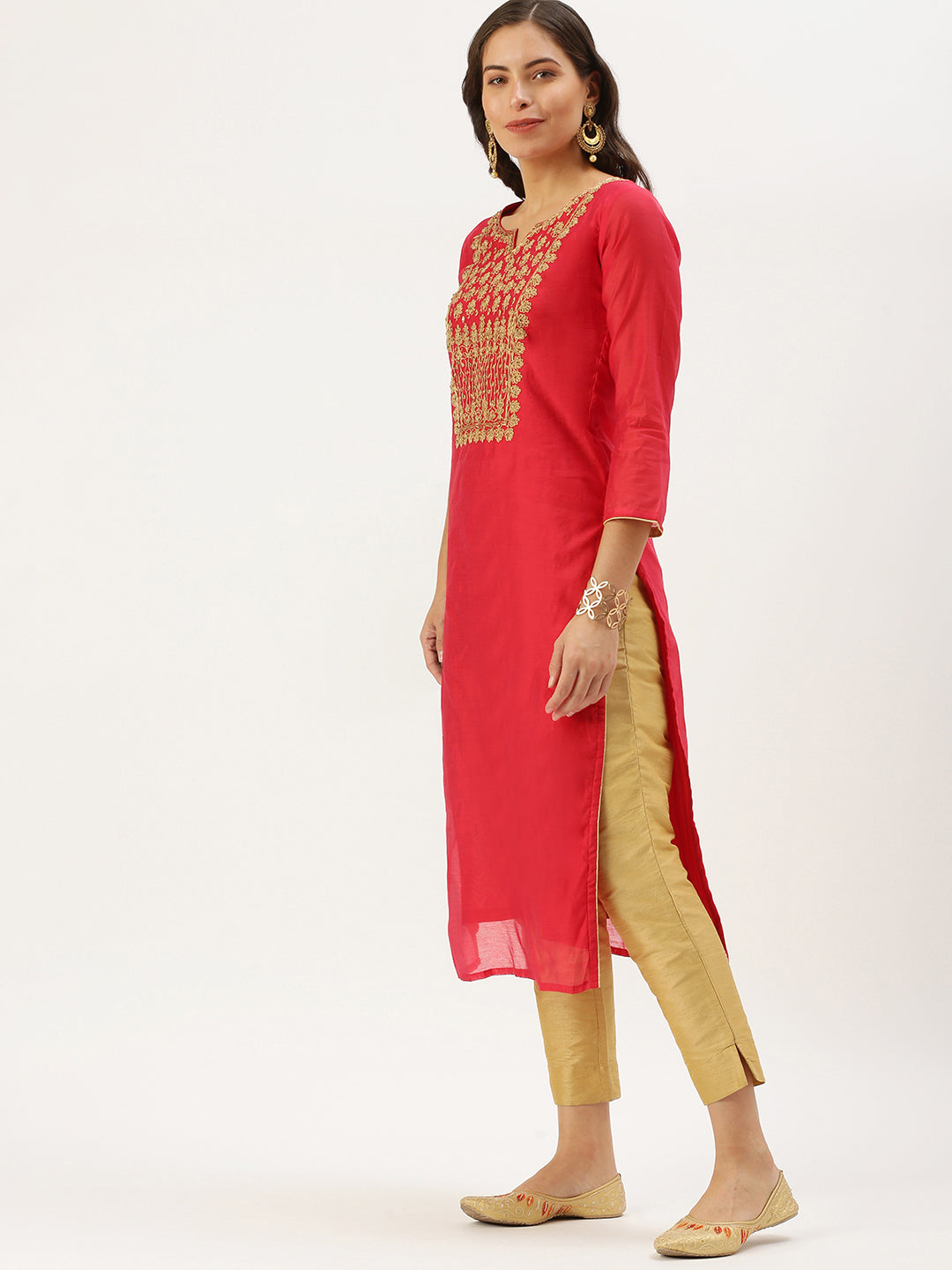 Women's Red Embellished Straight Kurta