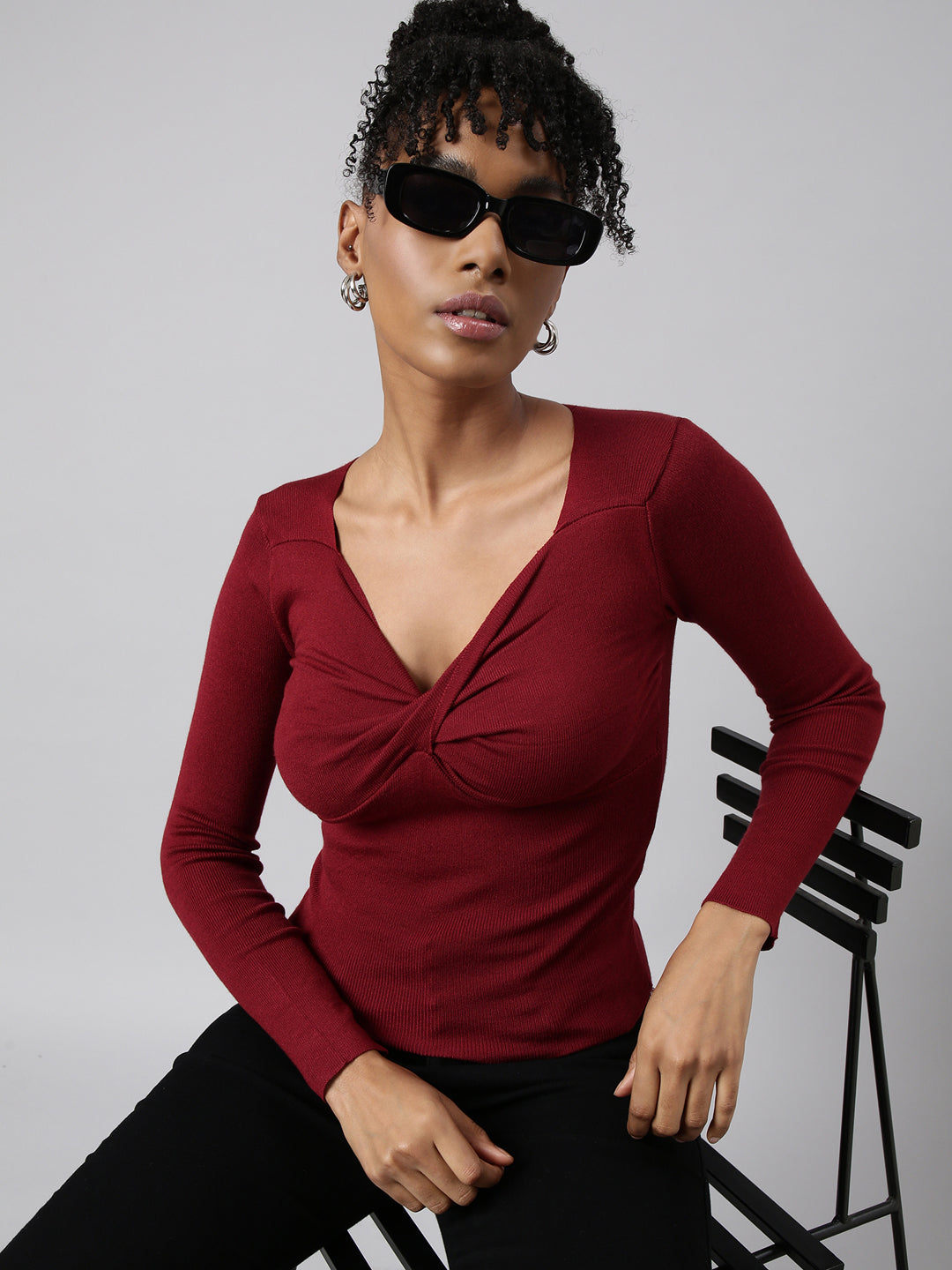 Women Maroon Solid Fitted Top