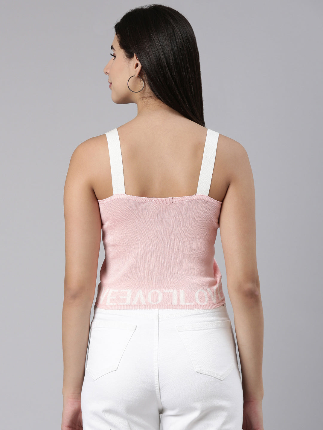 Shoulder Straps Embellished Sleeveless Pink Crop Tank Top