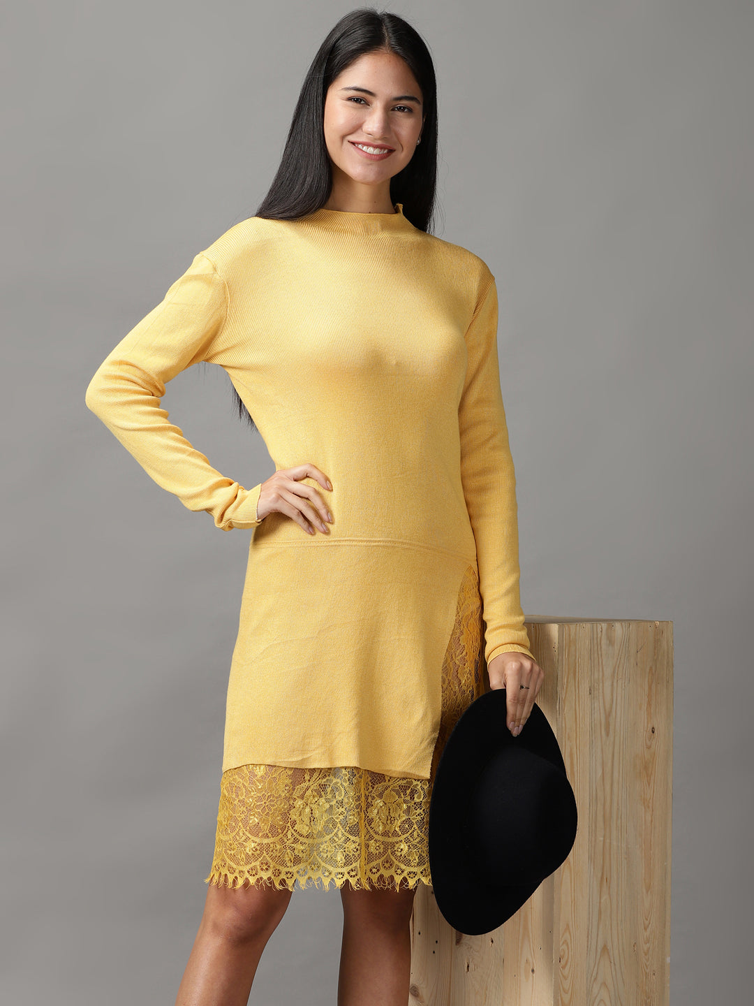 Women's Yellow Solid Bodycon Dress