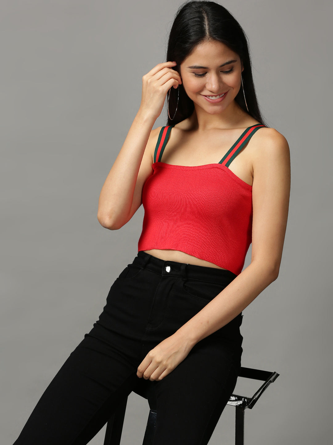 Women's Red Solid Fitted Crop Top