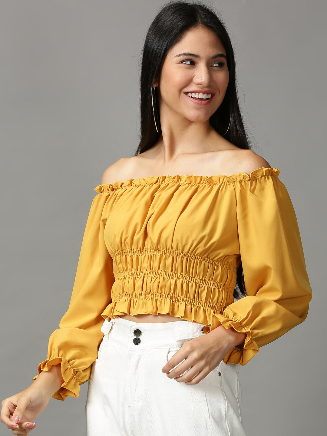 Women's Mustard Solid Cinched Waist Crop Top