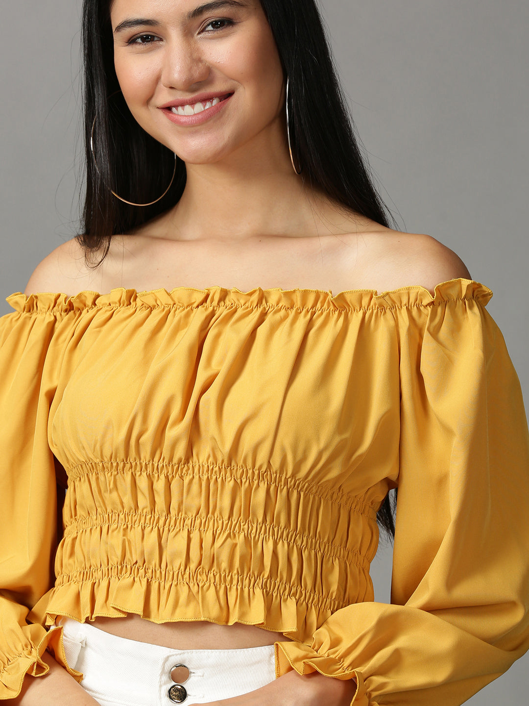 Women's Mustard Solid Cinched Waist Crop Top