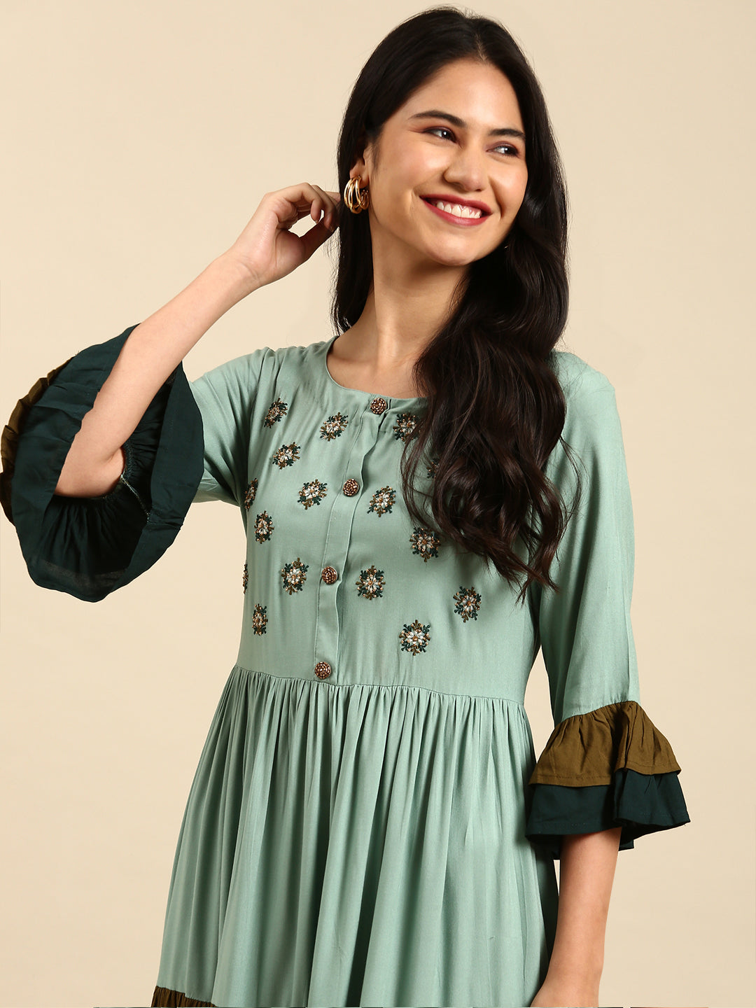 Women's Green Solid Anarkali Kurta