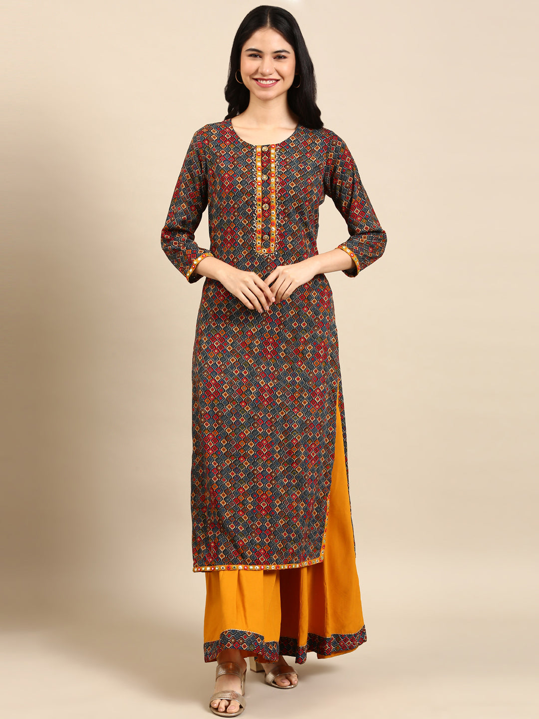 Women's Multicolour Colourblock Kurta Set