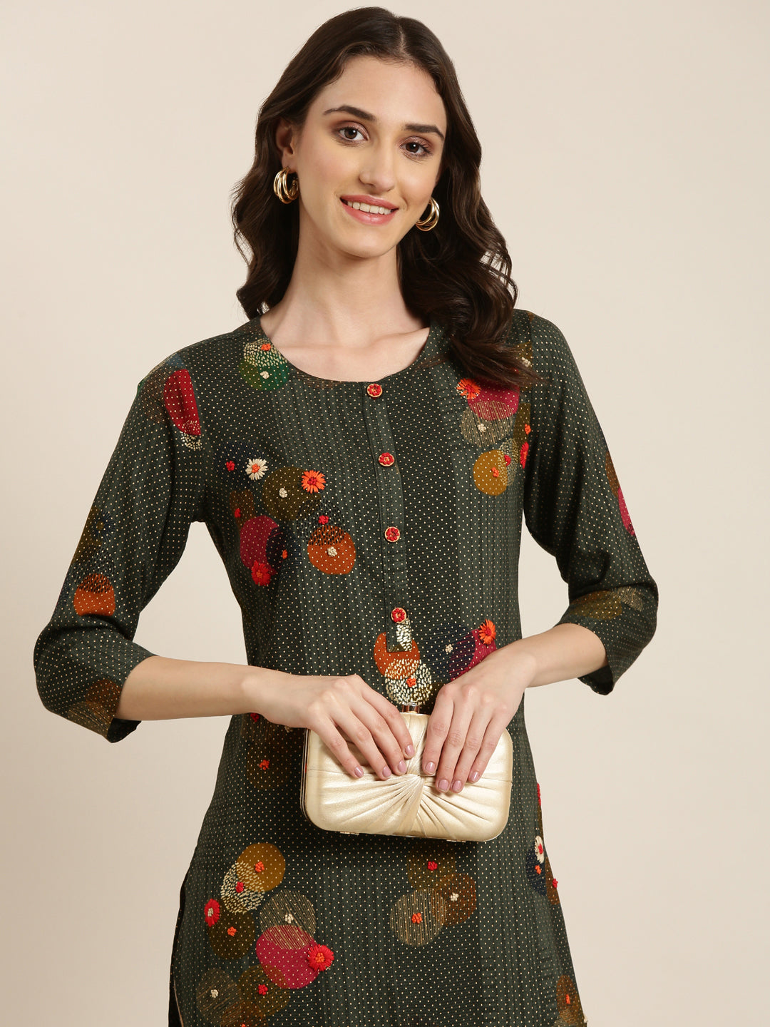 Women Green Floral Straight Kurta