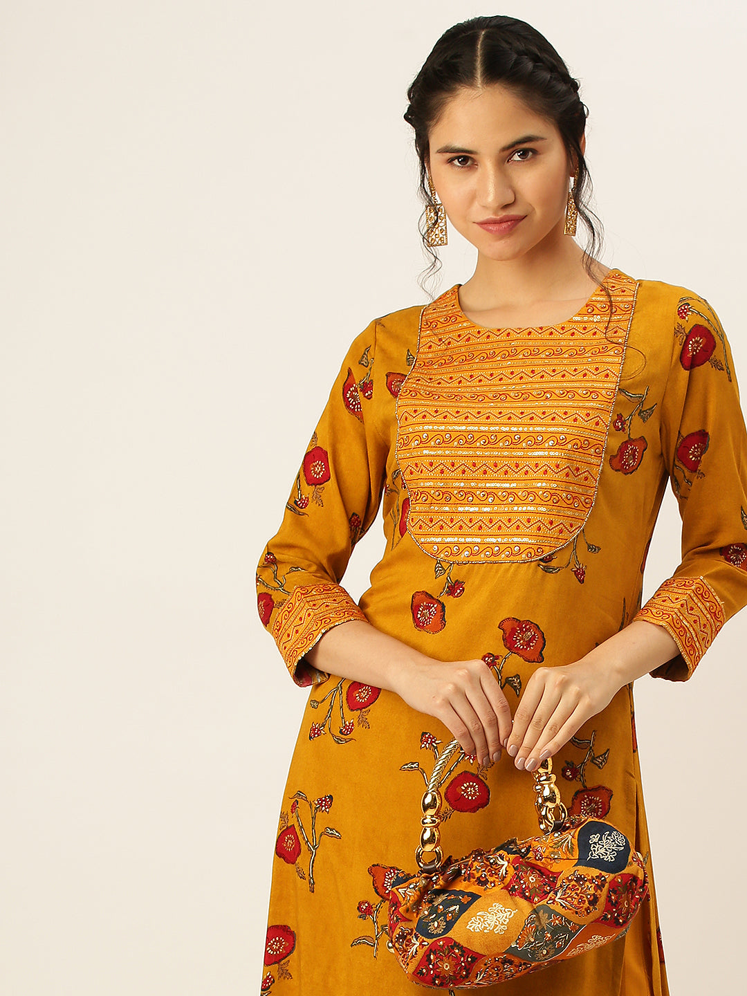 Women's Mustard Floral Kurta Set