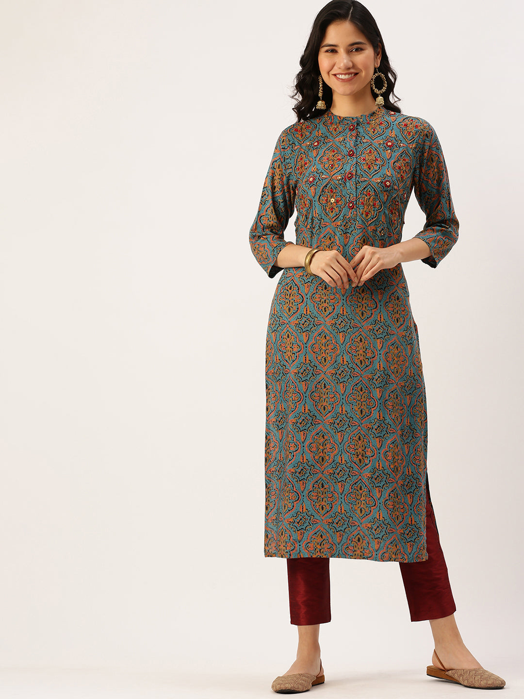 Women's Blue Embroidered Straight Kurtas