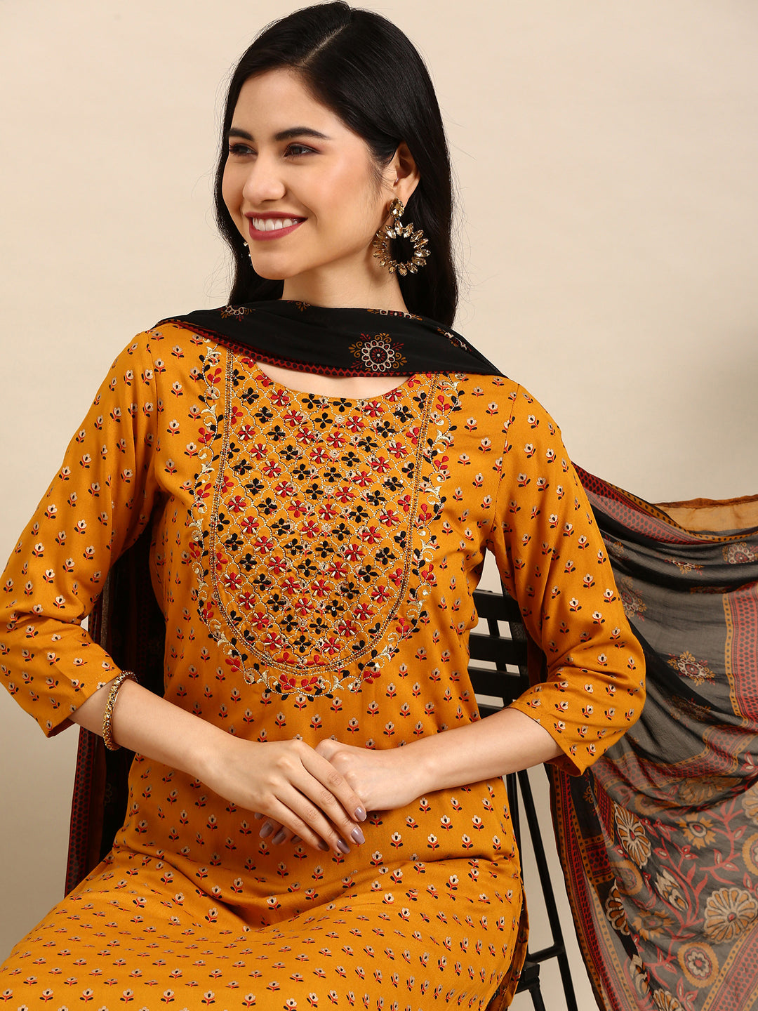 Women's Mustard Printed  Kurta Set