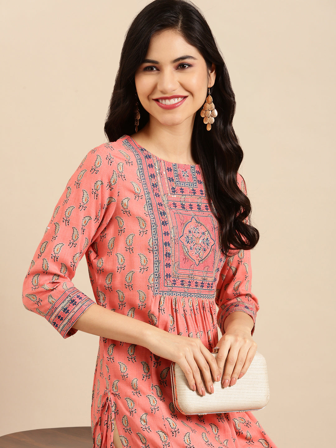 Women's Peach Printed A-Line Kurta